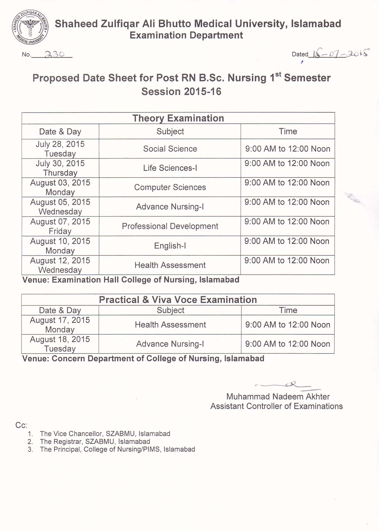 Date Sheet for Post RN B.Sc. Nursing 1st Semester Shaheed Zulfiqar Ali Bhutto Medical