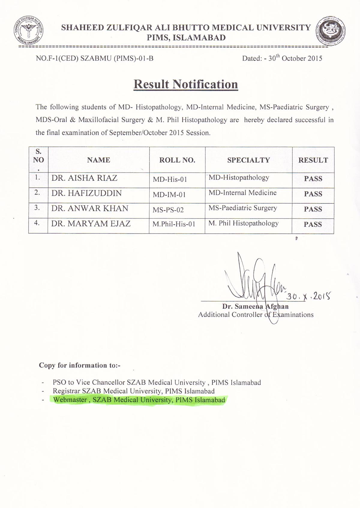 Result Notification MS/ MD/ M.Phil Final Exams 2015 Shaheed Zulfiqar