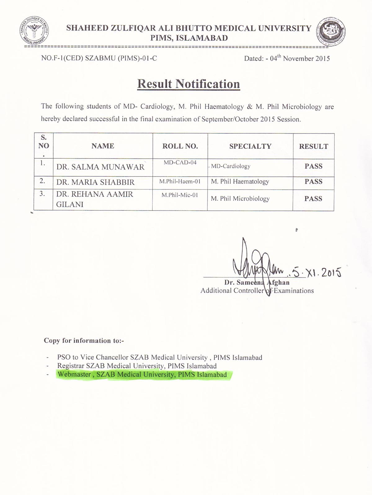 Result Notification MS/ MD/ M.Phil Final Exams 2015 Shaheed Zulfiqar