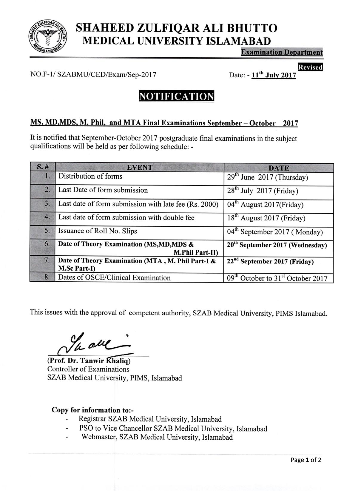 Revised Notification for MS, MD, MDS, M.Phil & MTA Final Exams
