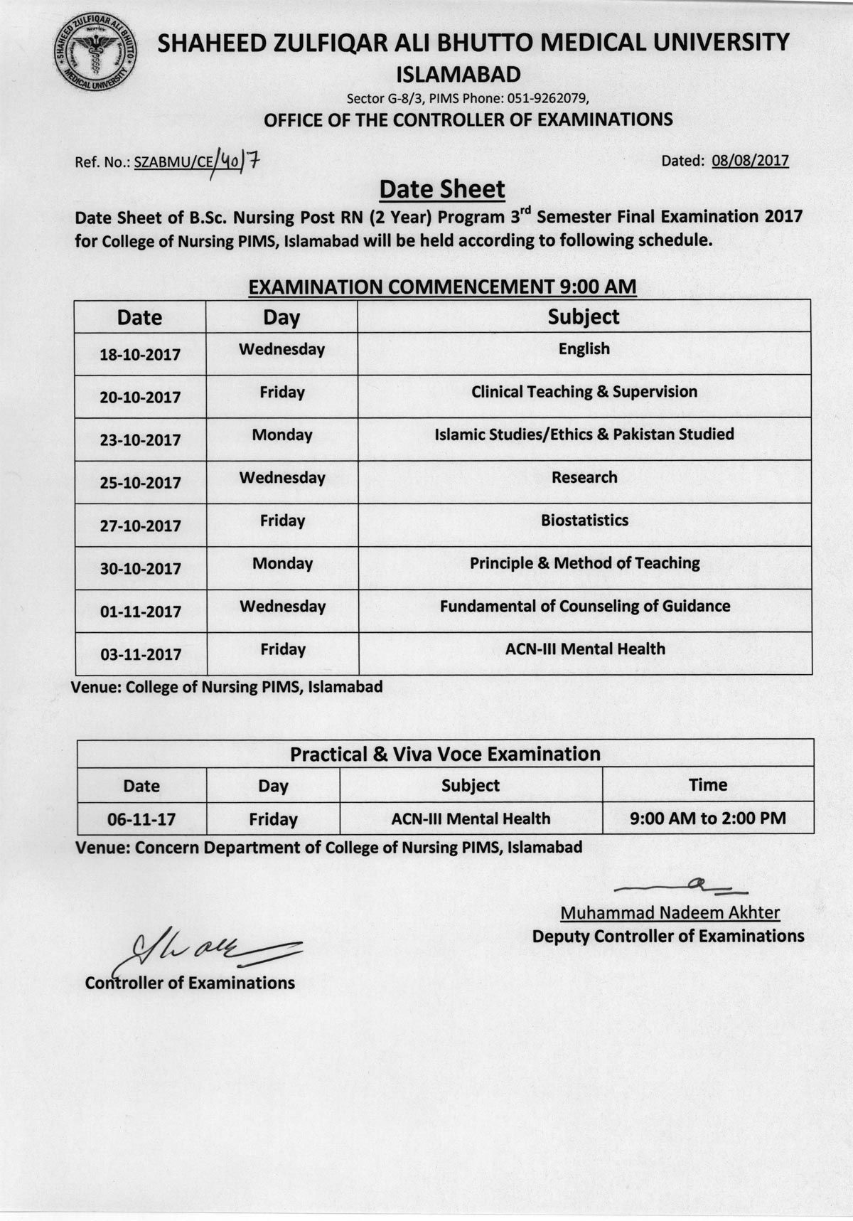 Date sheet B.Sc. Nursing Post RN 3rd Semester Final Exams 2017