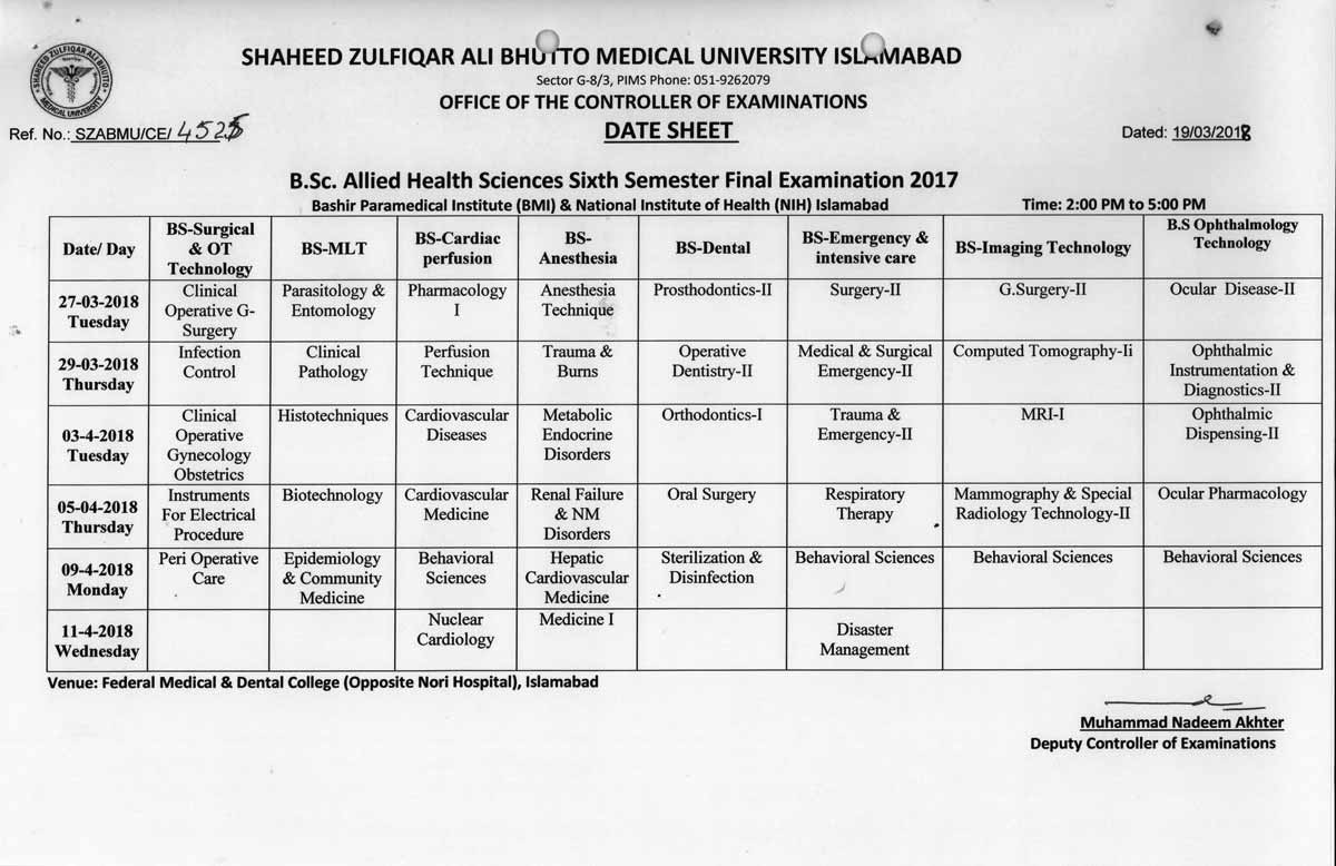 Date sheet BS Allied Health Sciences Final Examination 2017 Shaheed