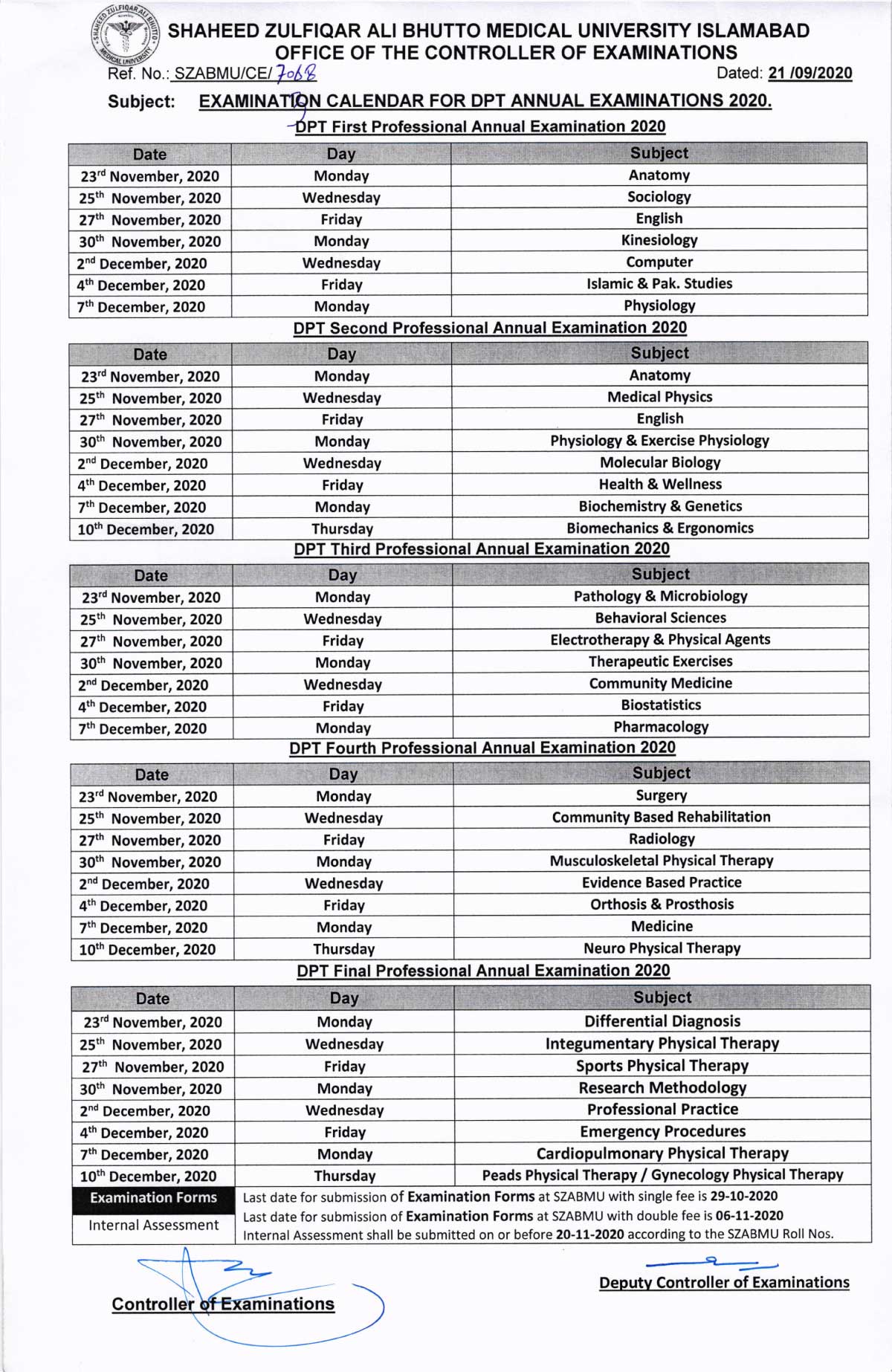DPT Calendar For Annual Examinations 2020 Shaheed Zulfiqar Ali Bhutto