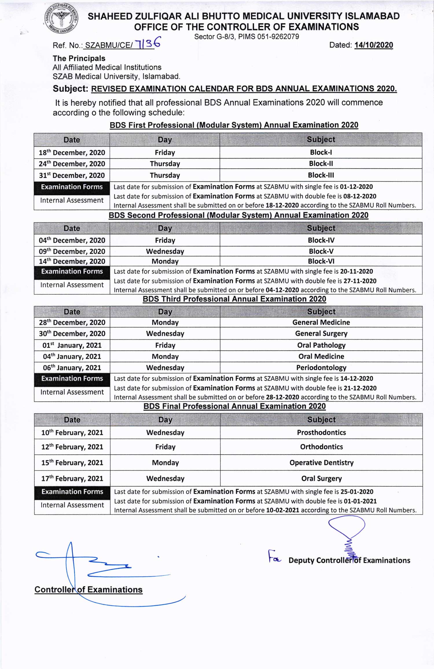 REVISED BDS Examination Calendar 2020 Shaheed Zulfiqar Ali Bhutto