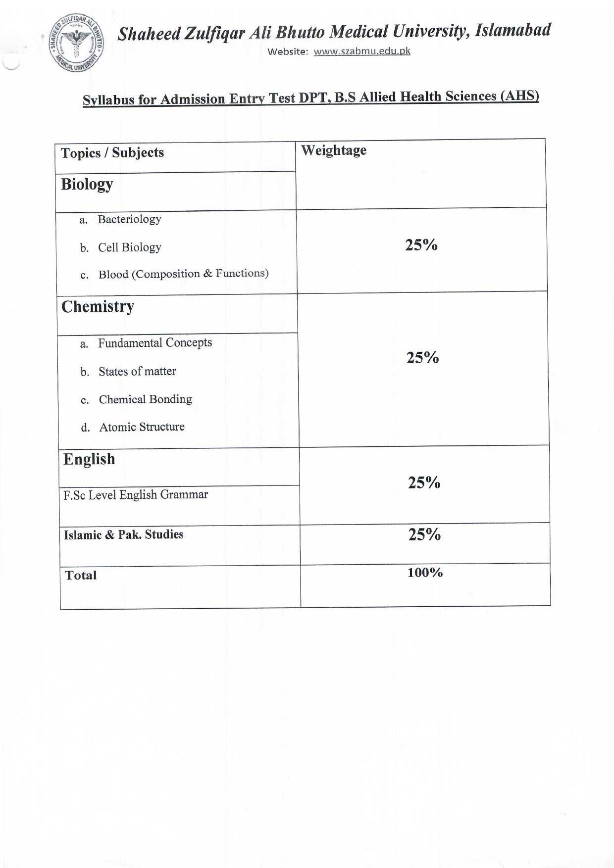 SYLLABUS FOR ENTRY TEST OF DPT, BS AHS, BS NURSING, BSC POST RN