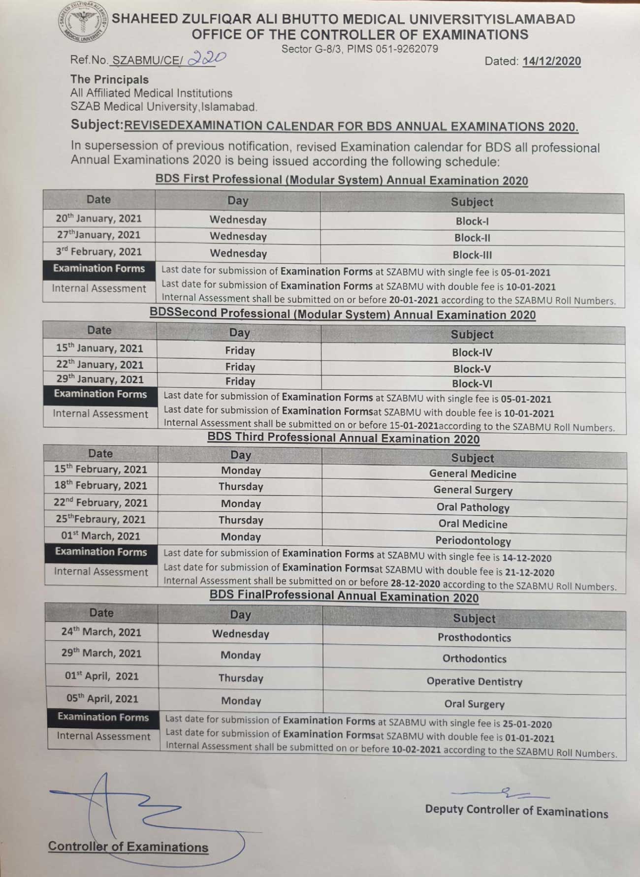 Revised examination calendar for BDS annual examinations 2020 Shaheed