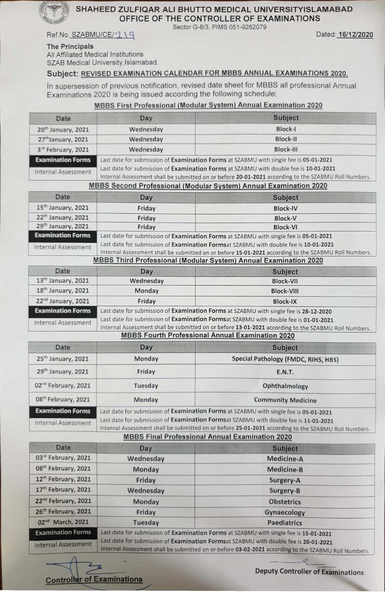 Revised examination calendar for MBBS annual examinations 2020
