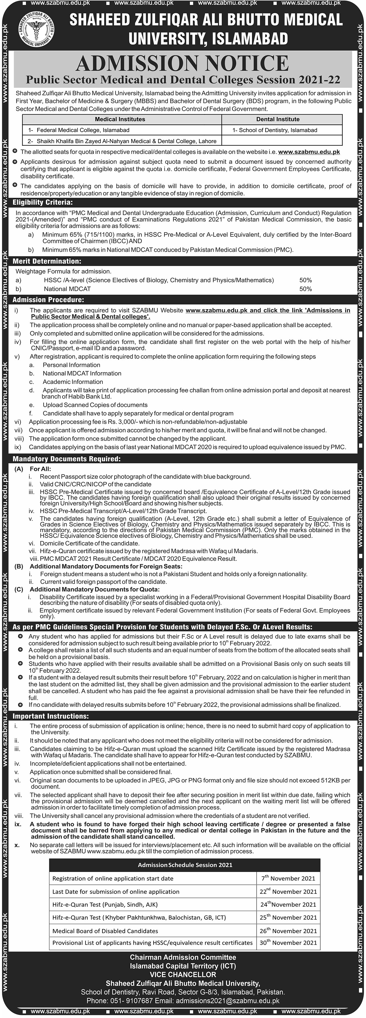 ADMISSION NOTICE - Public Sector Medical and Dental Colleges Session 2021-22