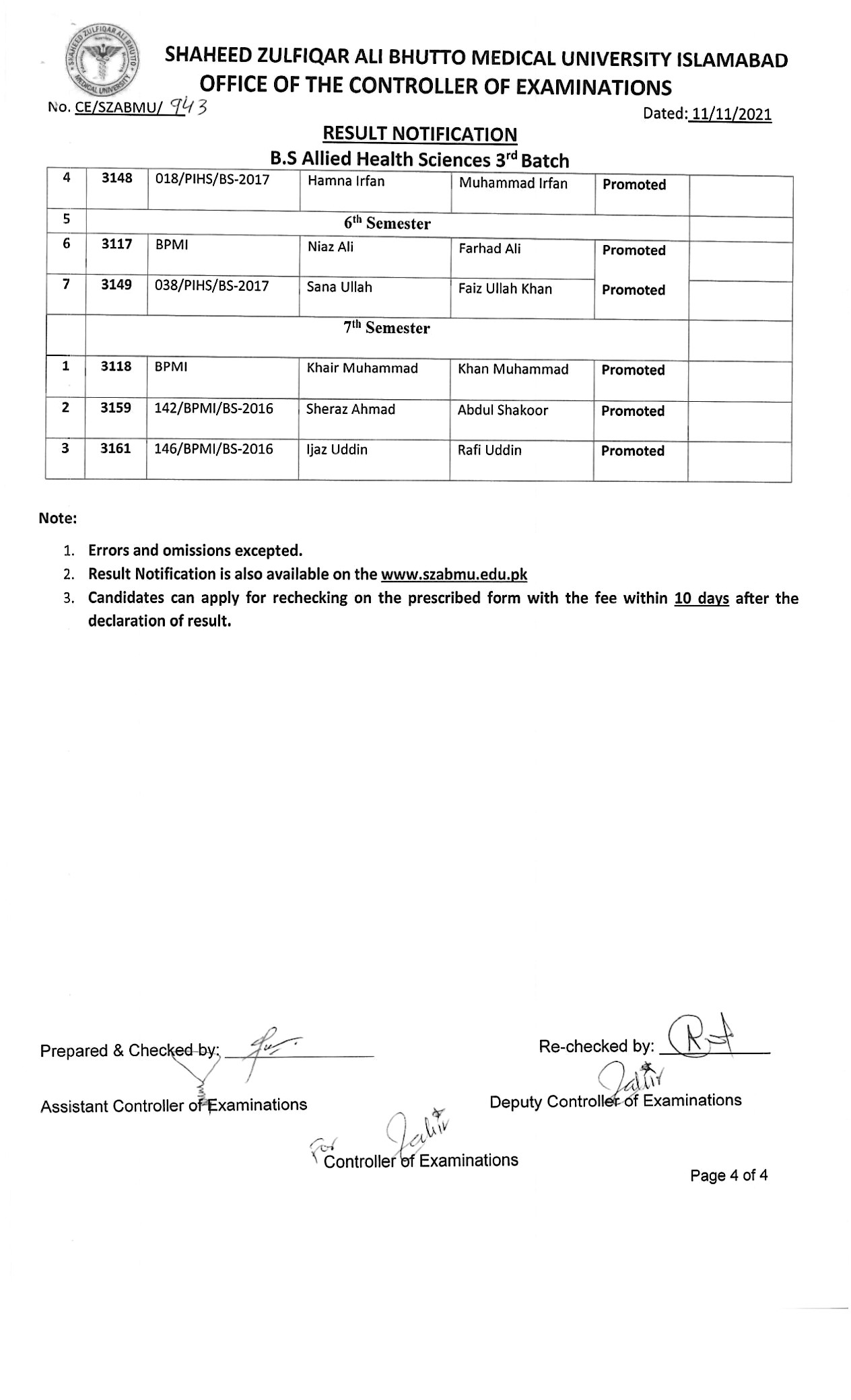 Result Notification BS Allied Health Scineces Supplementary exams