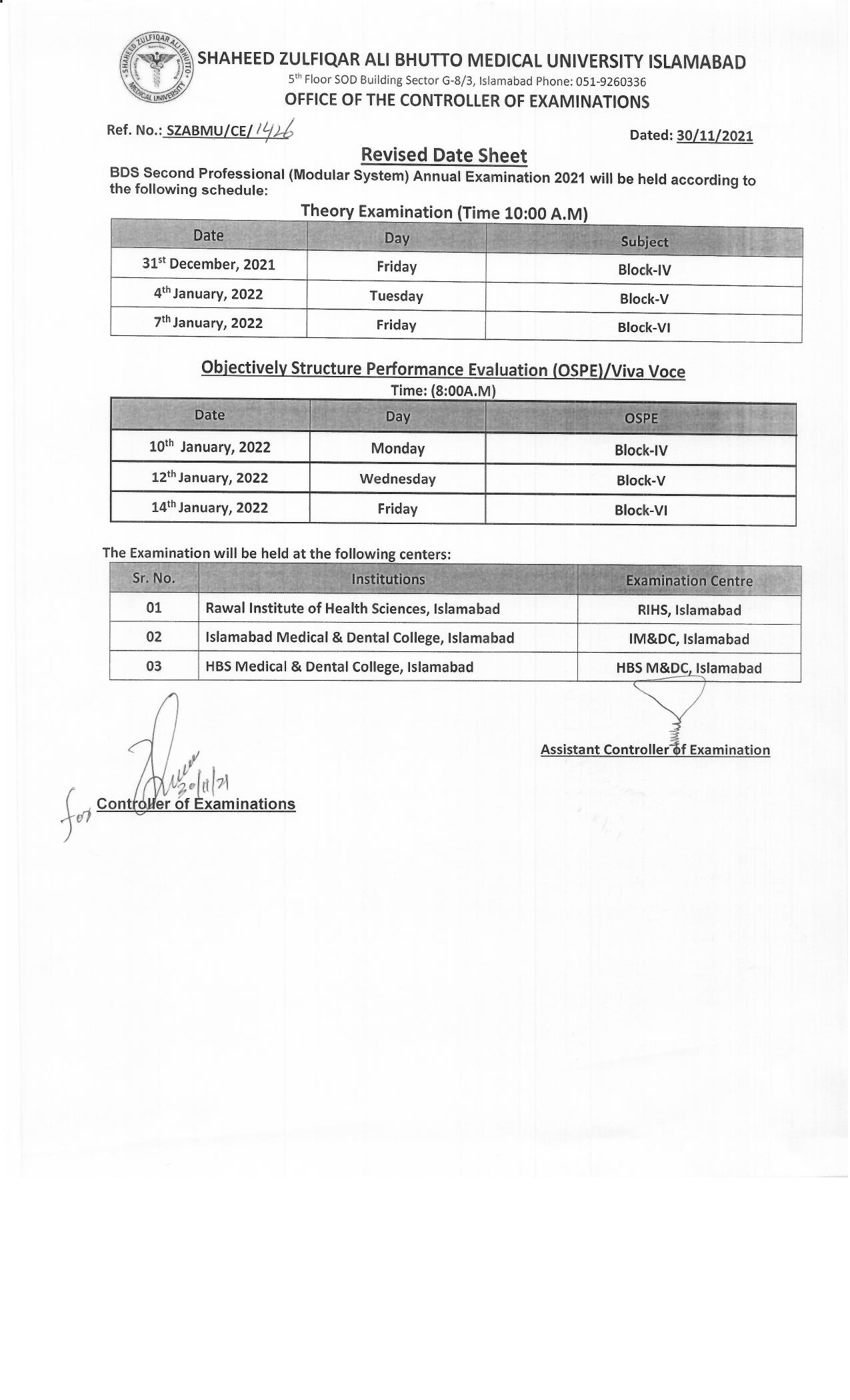 Revised Date Sheet BDS Second Professional Annual Examination 2021