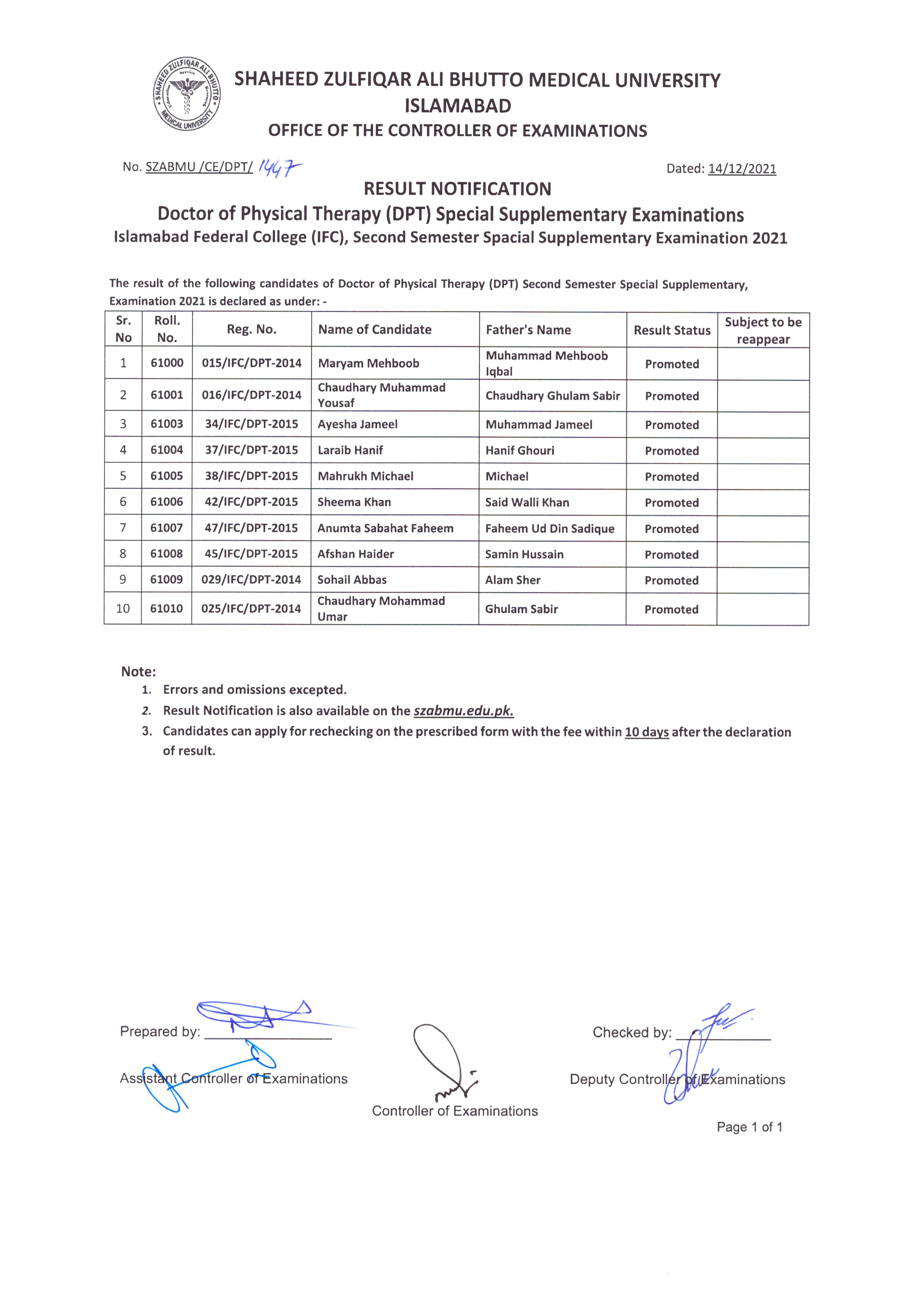 Result Notification of DPT Special Supplementary Examinations