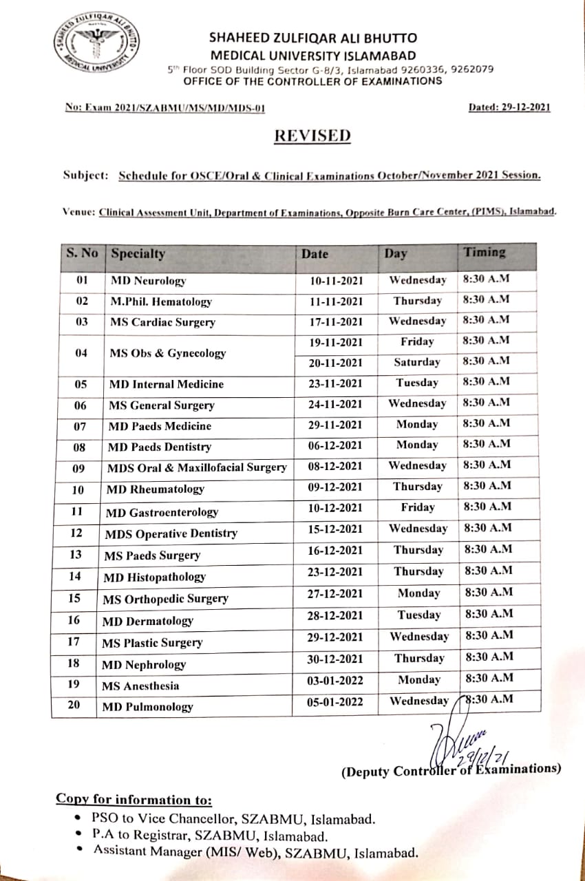 Revised Schedule for OSCE/Oral & Clinical Examinations