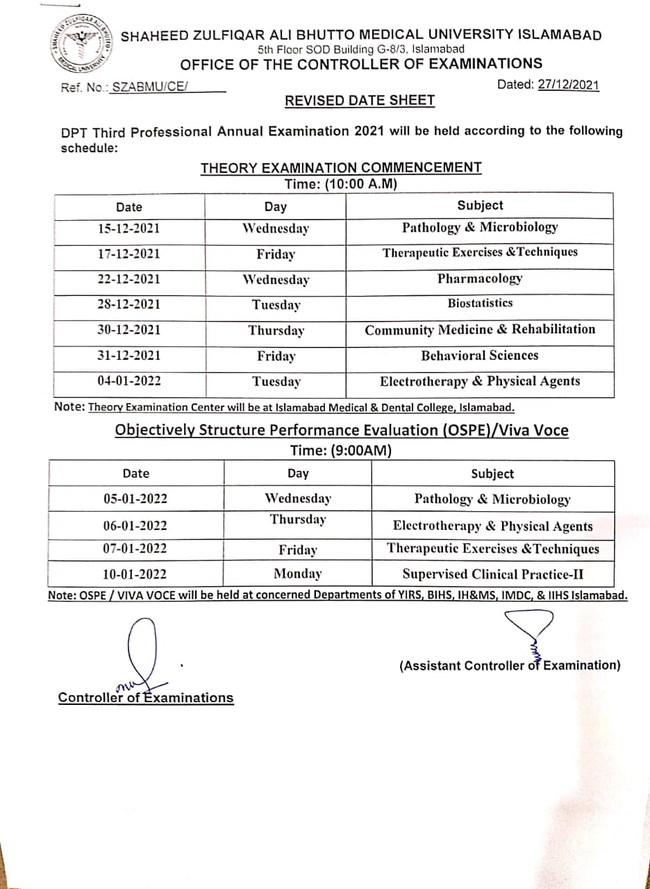 Revised Date Sheet DPT Third, Fourth and Fifth Professional Annual Examination 2021