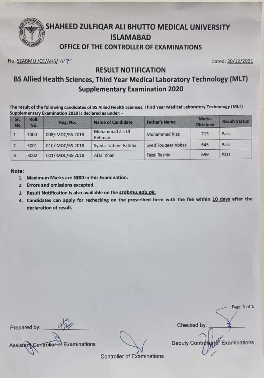 Result notification - BS MLT Third Year Supplementary Exams