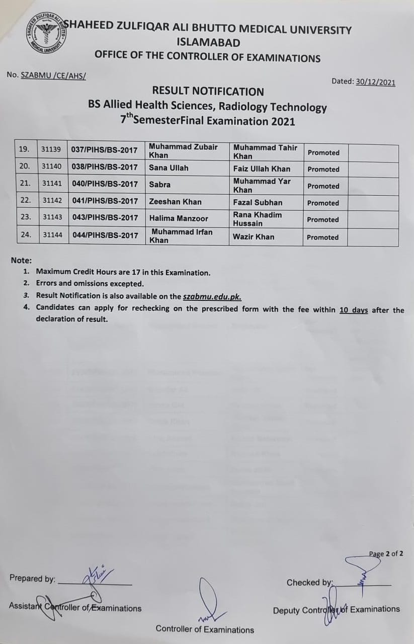 Result notification - BS AHS 7th Semester Final Exams