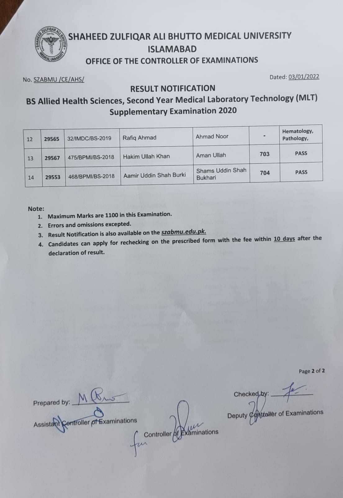 Result Notification - Second Year MLT Supplementary Exams 2020