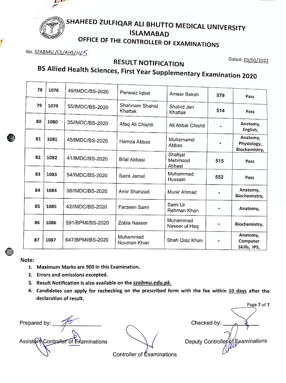 Result Notification - AHS First Year Supplementary Result 2020