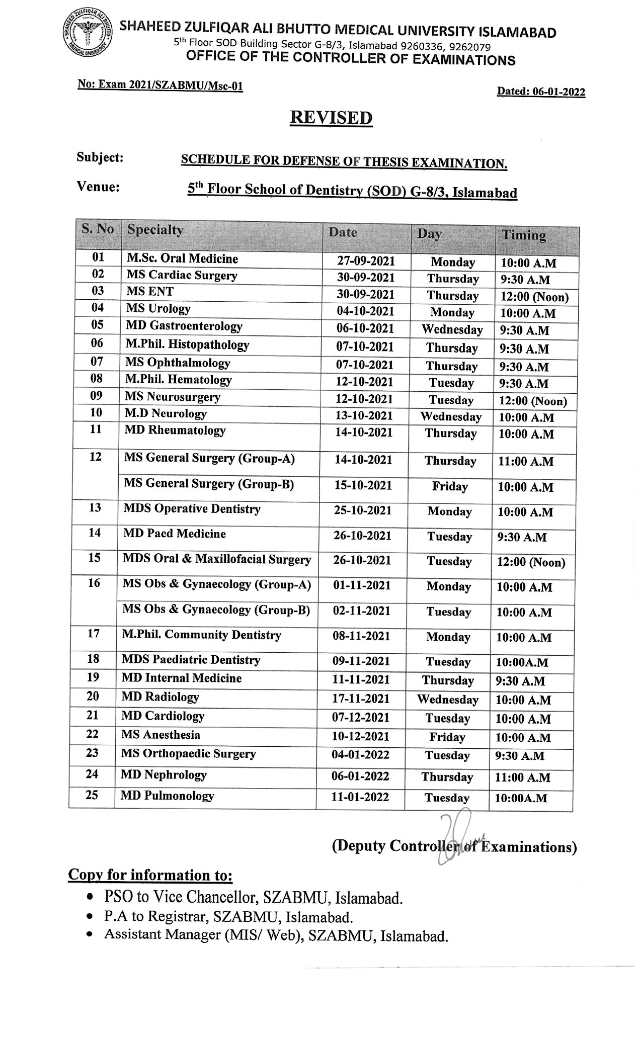 Revised - Schedule for Defense of Thesis Examinations