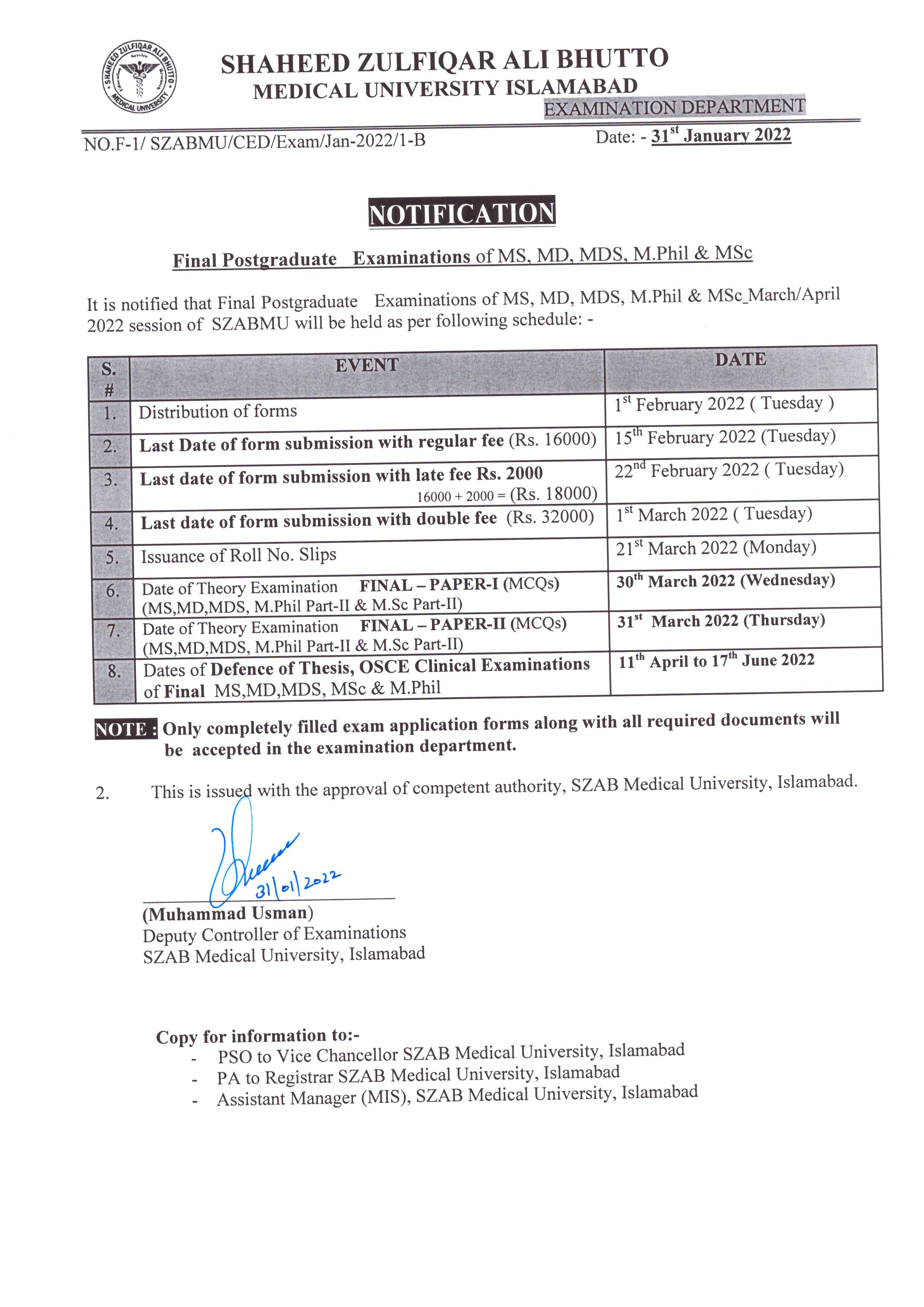 Exam Notifications - Final MS,MD,MDS,M.phil & MSc Examination March/April 2022 Session