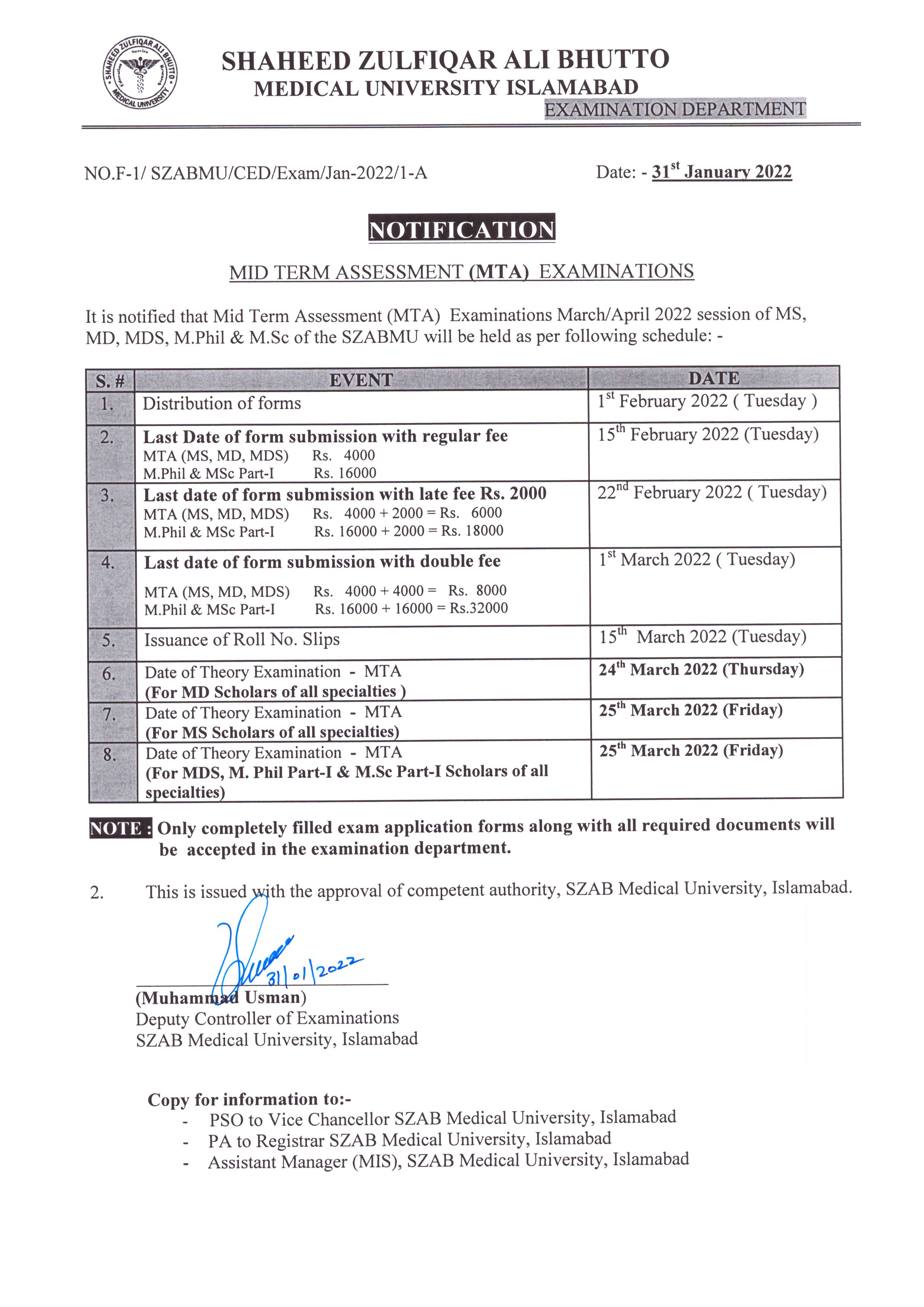 Notifications - MTA Examinations March/April Session 2022 of MS,MD,MDS,M.phil & MSc