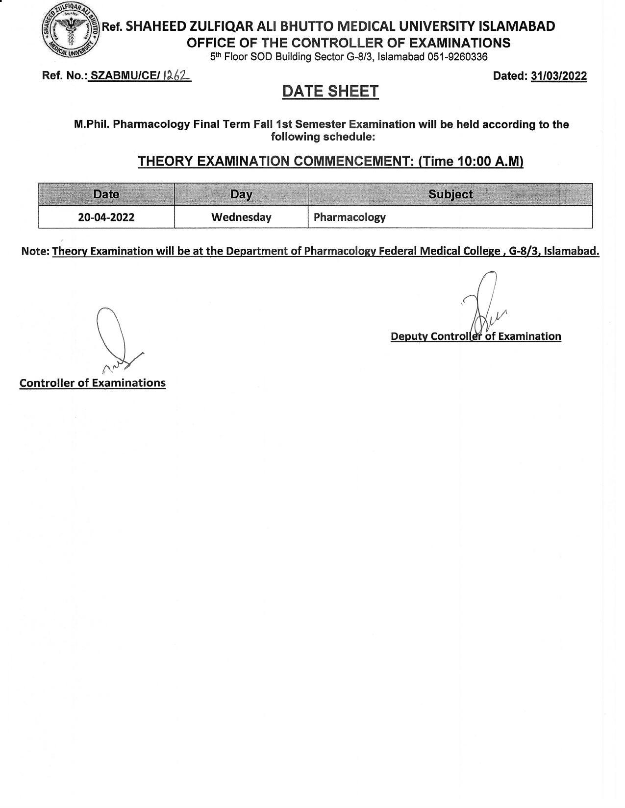 Date Sheet M Phil Pharmacology Final Term Fall 1st Semester 