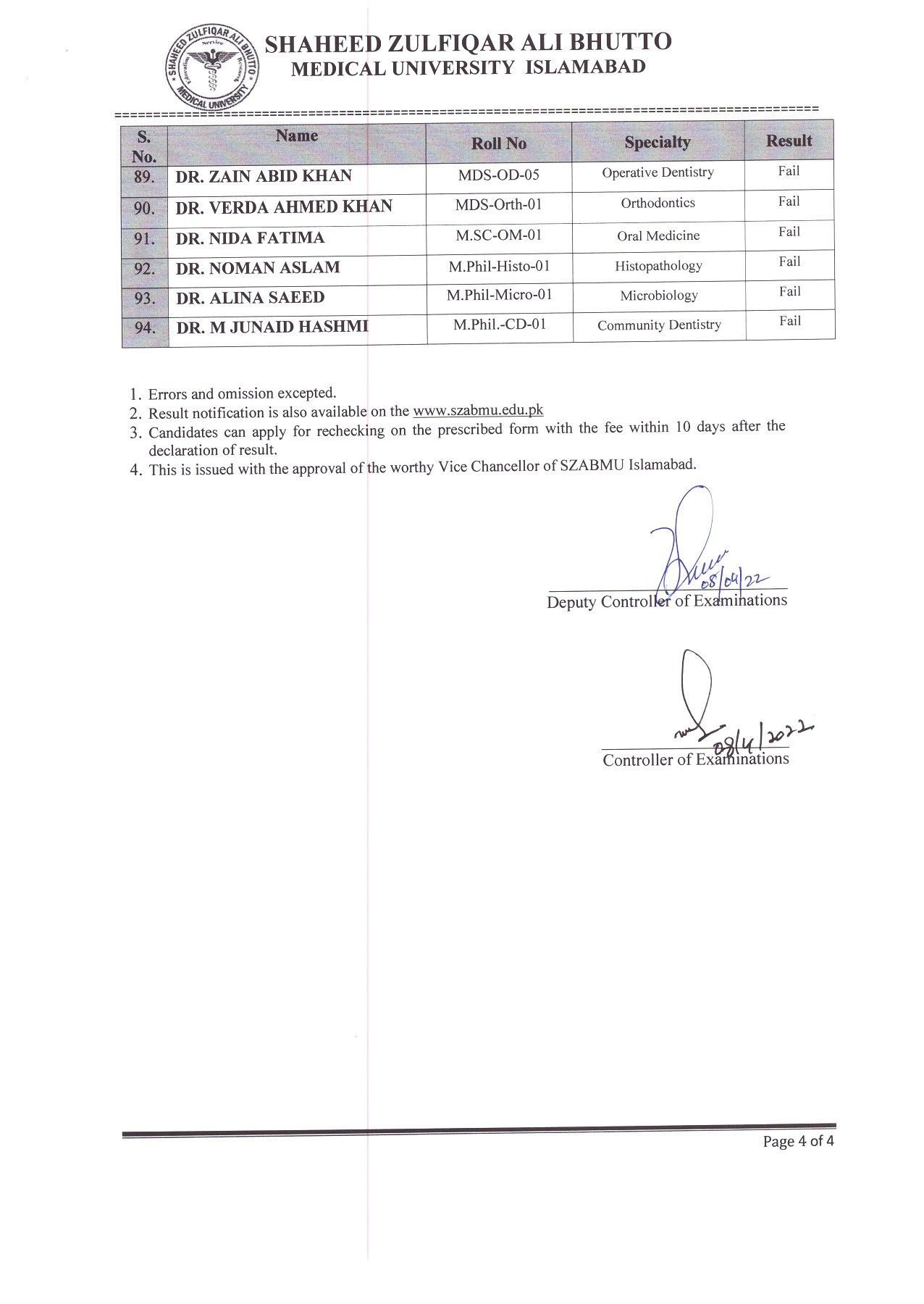 Result Notification MS, MD, MDS, M.Phil. and MSc Theory Examination