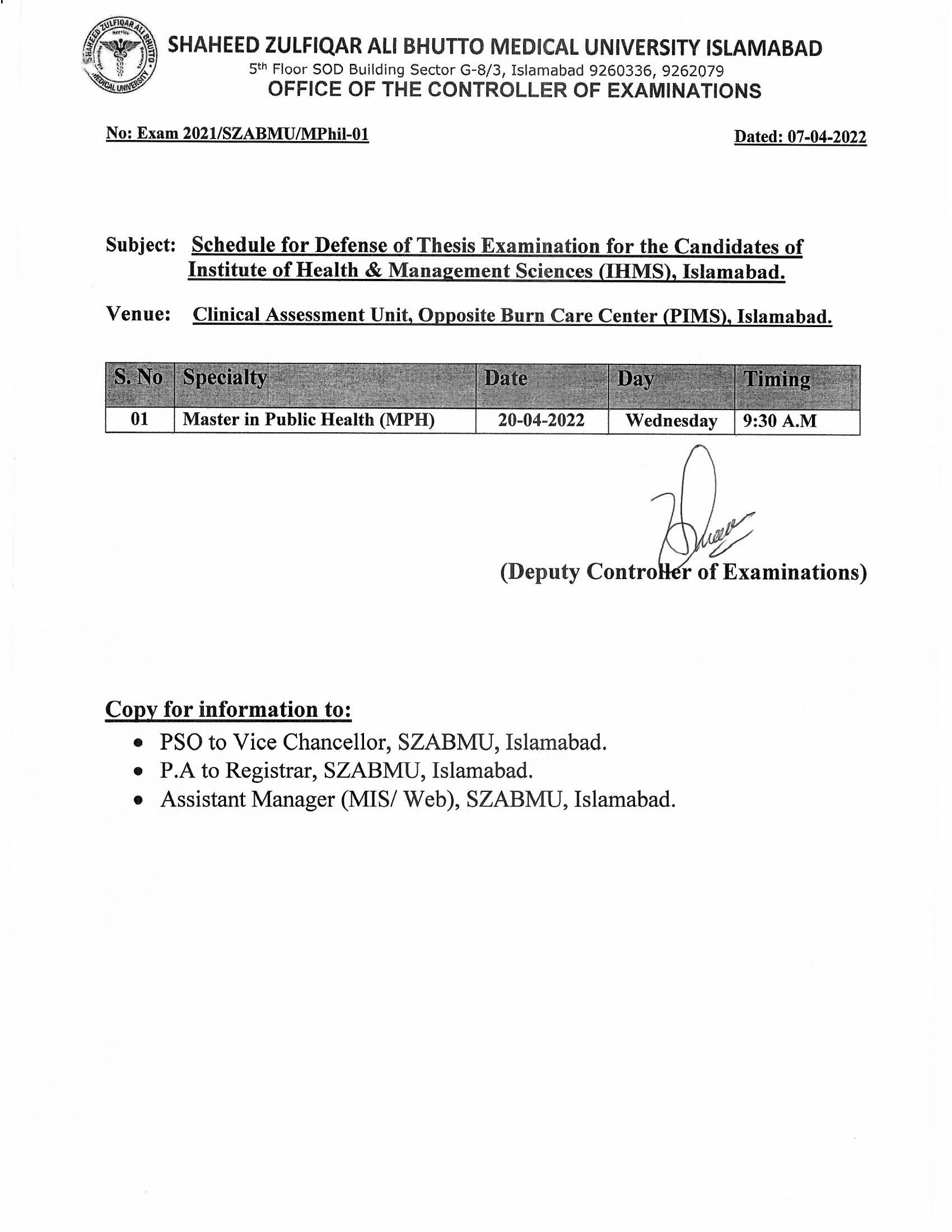 Schedule for Defense of Thesis Examinations of IHMS