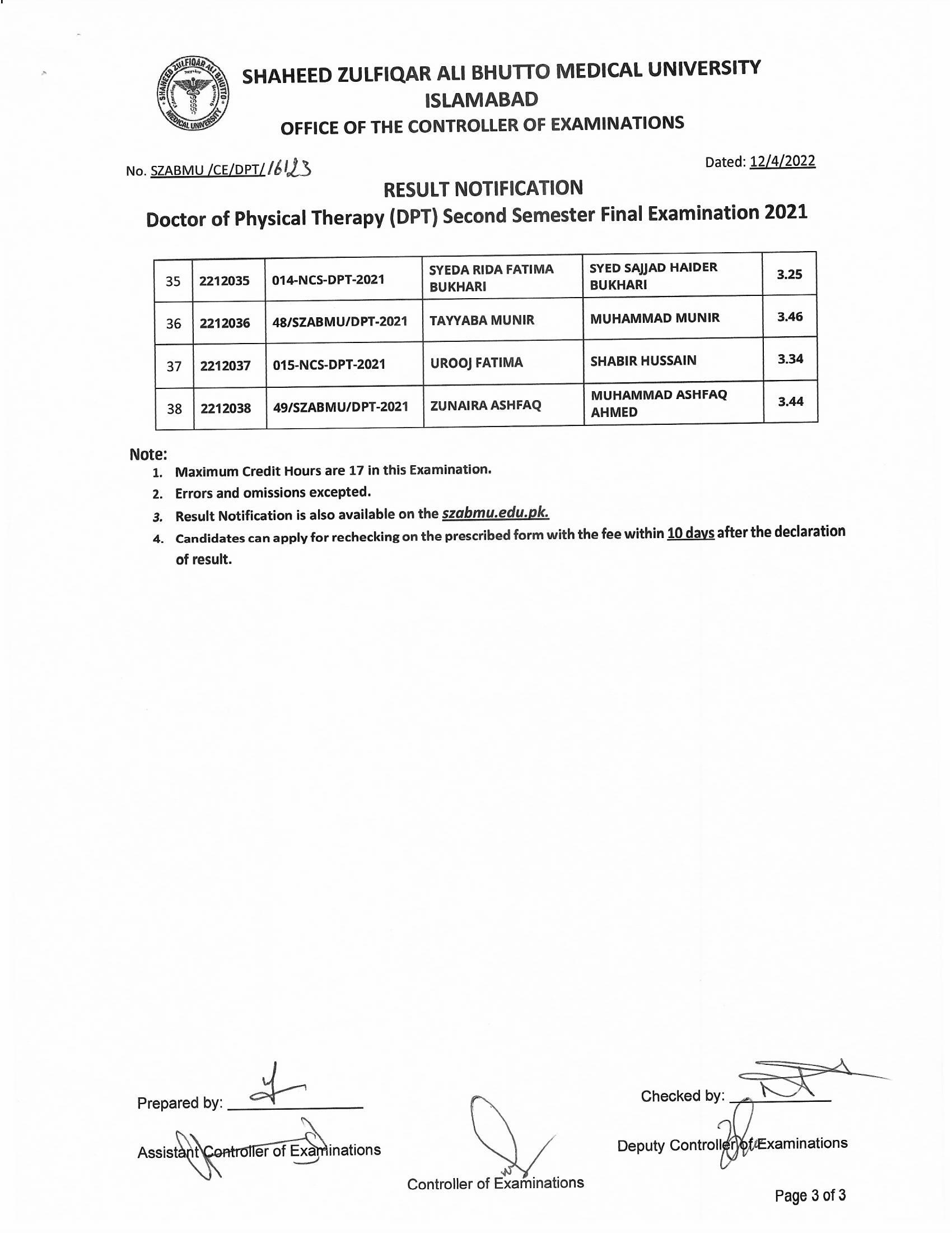 Result Notification - DPT Second Semester Final Examination 2021