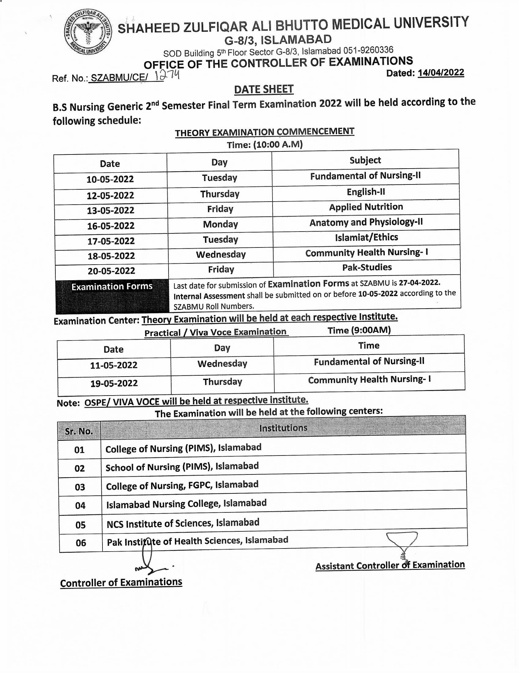 Date Sheets - Nursing Final Term Examination 2022