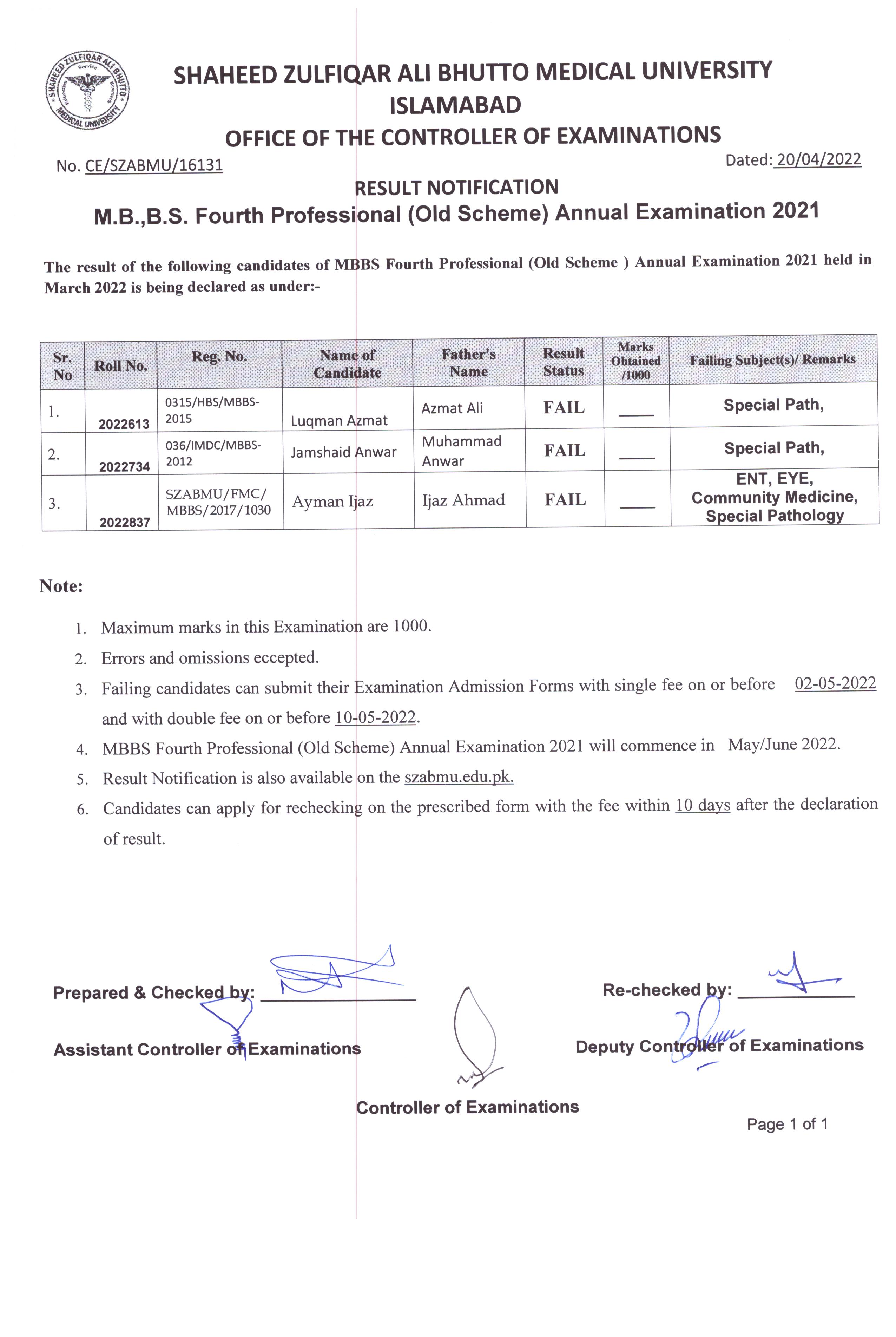 Result Notification - MBBS Fourth Professional (Old Scheme) Annual Examination 2021