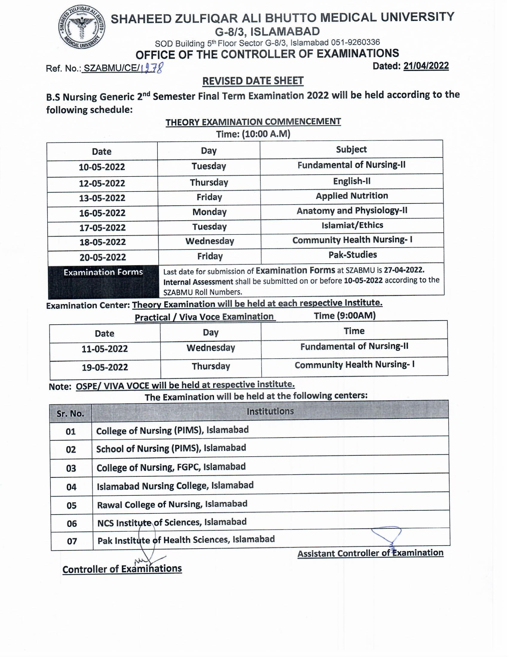 Revised Date Sheets - BS Nursing Generic 2nd Semester Final Term Examination 2022