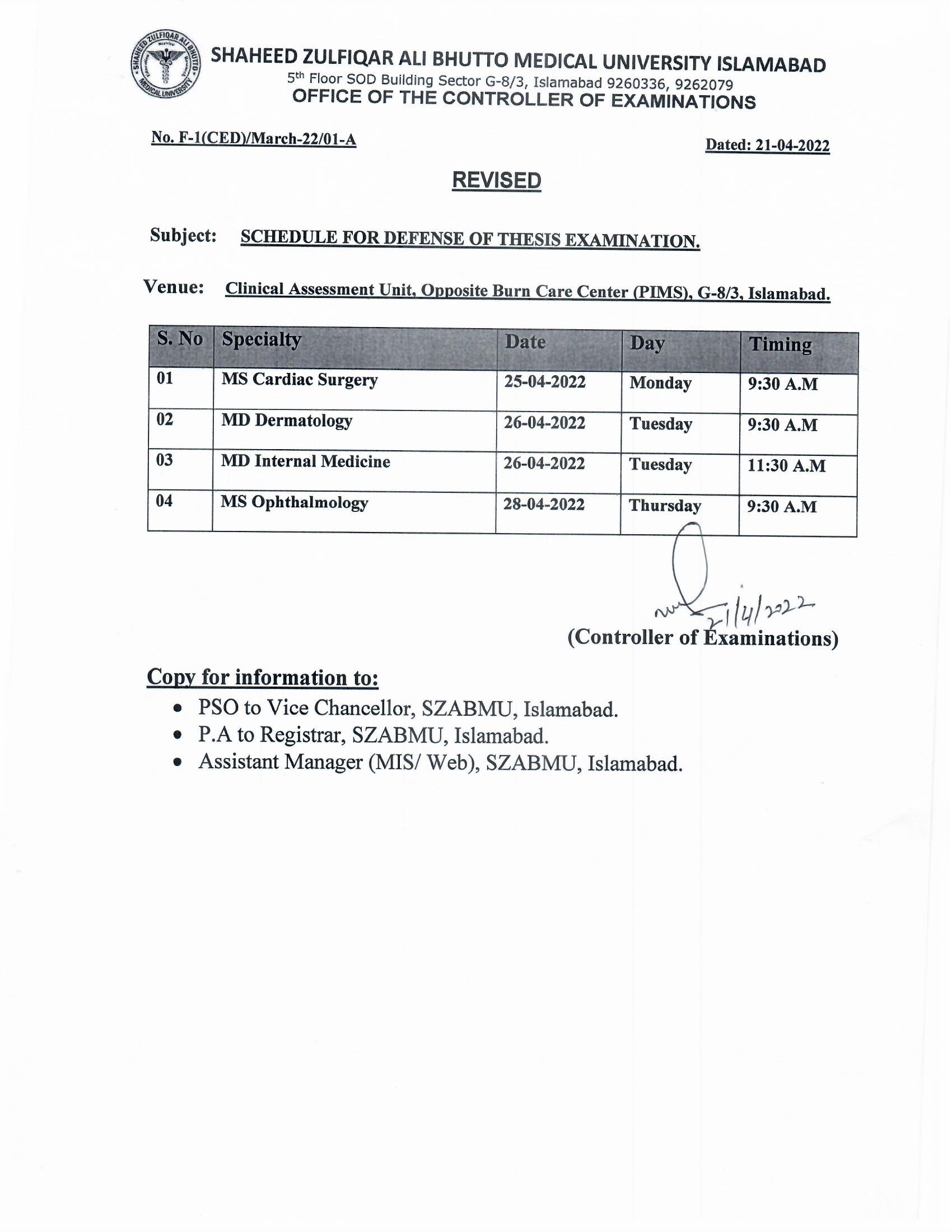 Revised Schedule for Defense of Thesis Examination