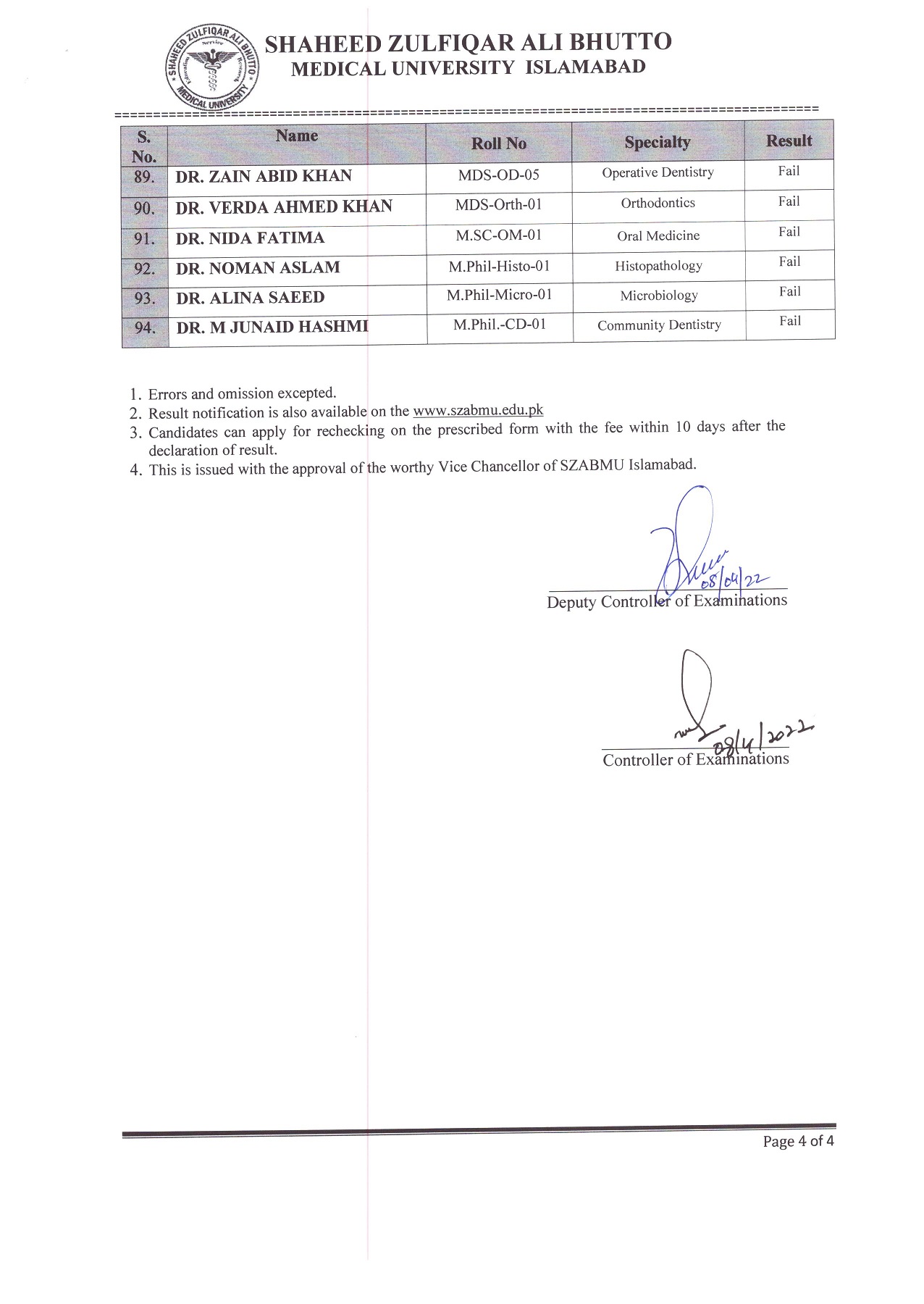 Result Notification - Mid Term Assessment (MTA) examination of MS, MD, MDS, M.Phil. & MSC March/April 2022