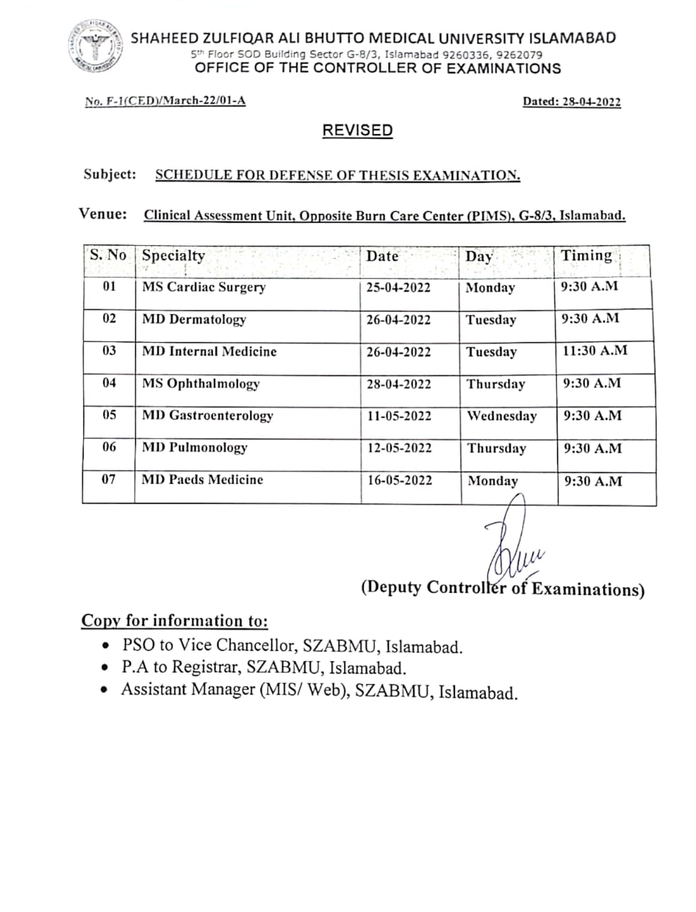 Revised Schedule For Defense Of Thesis Examination Shaheed Zulfiqar Revised Schedule For Defense Of Thesis Examination Shaheed Zulfiqar