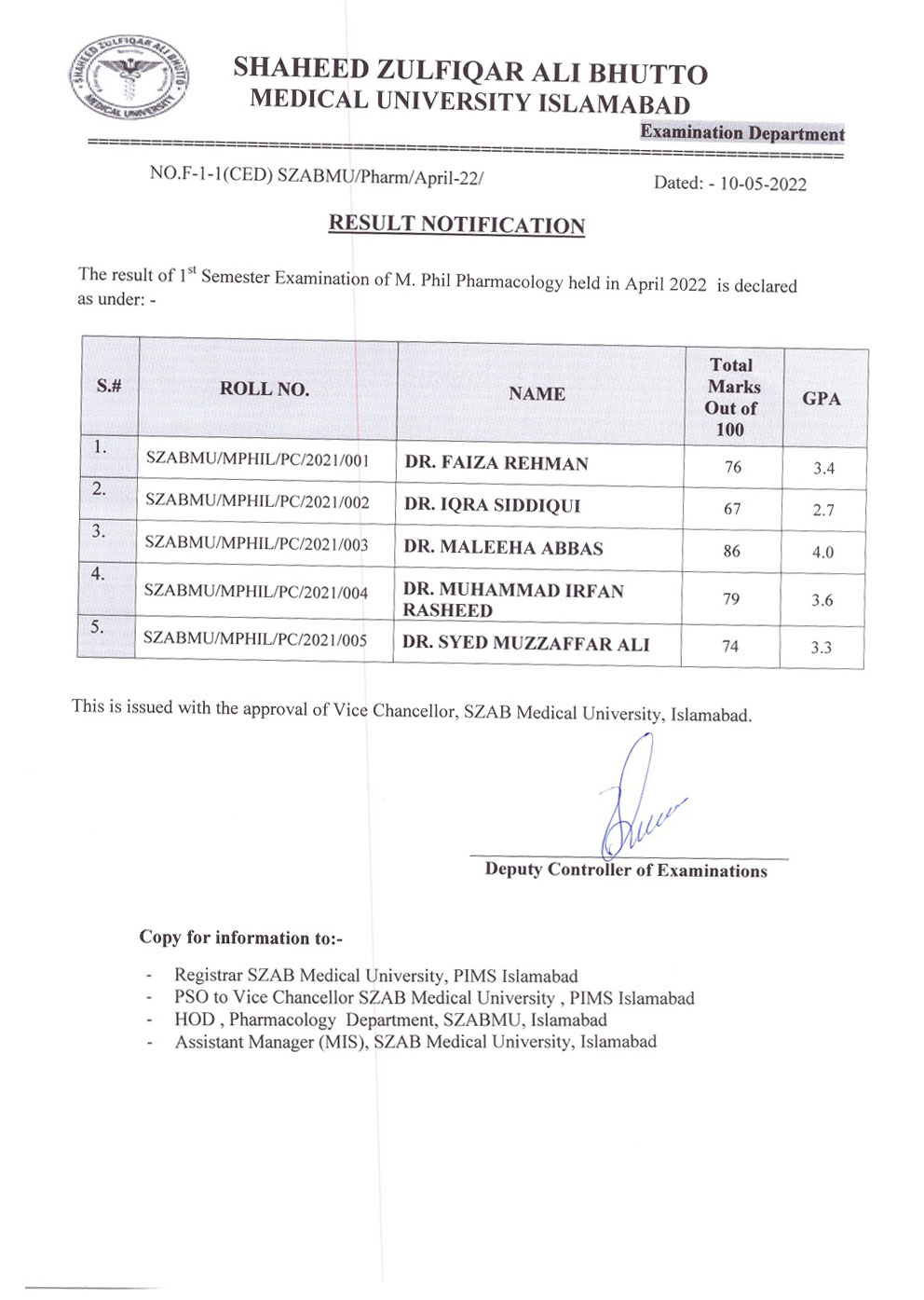 Result Notification - 1st Semester M.Phil. Pharmacology held in April 2022