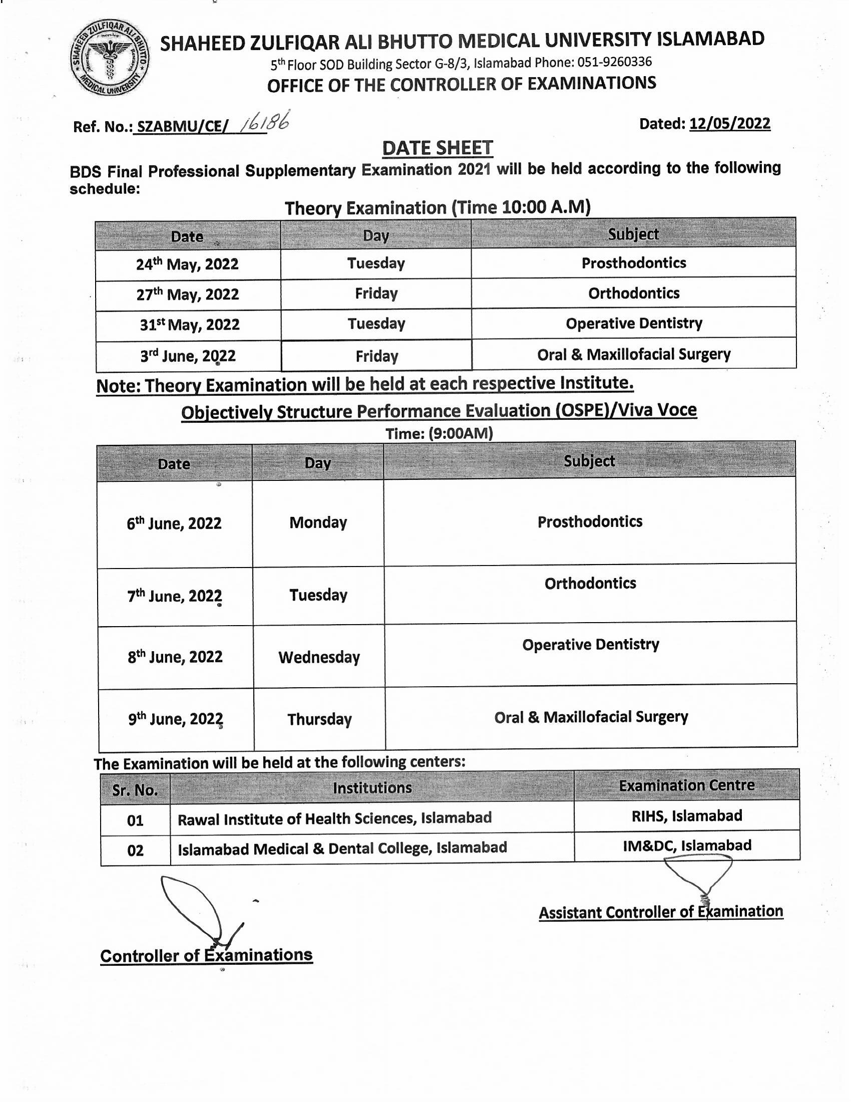 Date Sheet - BDS Supplementary Examinations 2021
