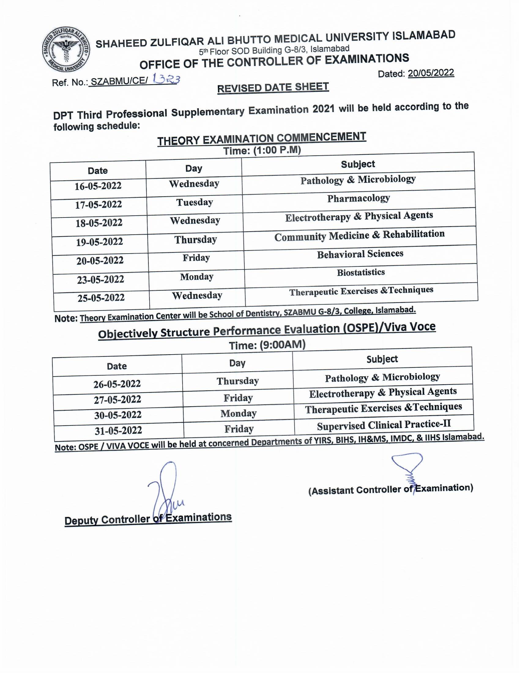 Revised Date Sheet DPT 3rd Professional Supplementary Examinations