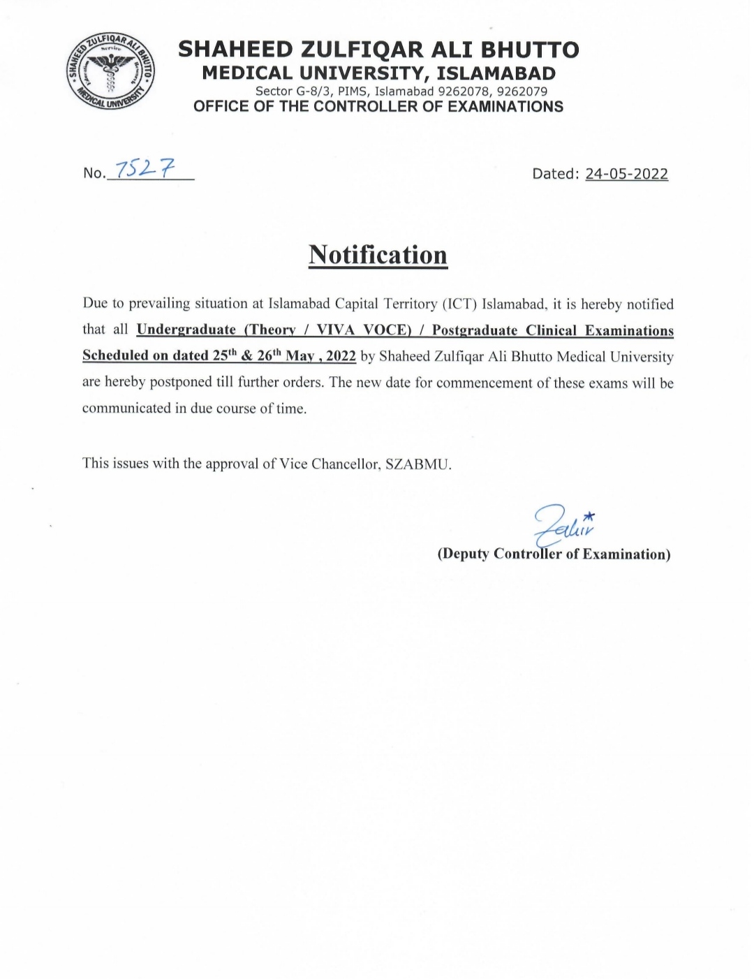 Notification - Postponement of Exam scheduled on 25 and 26 may 2022