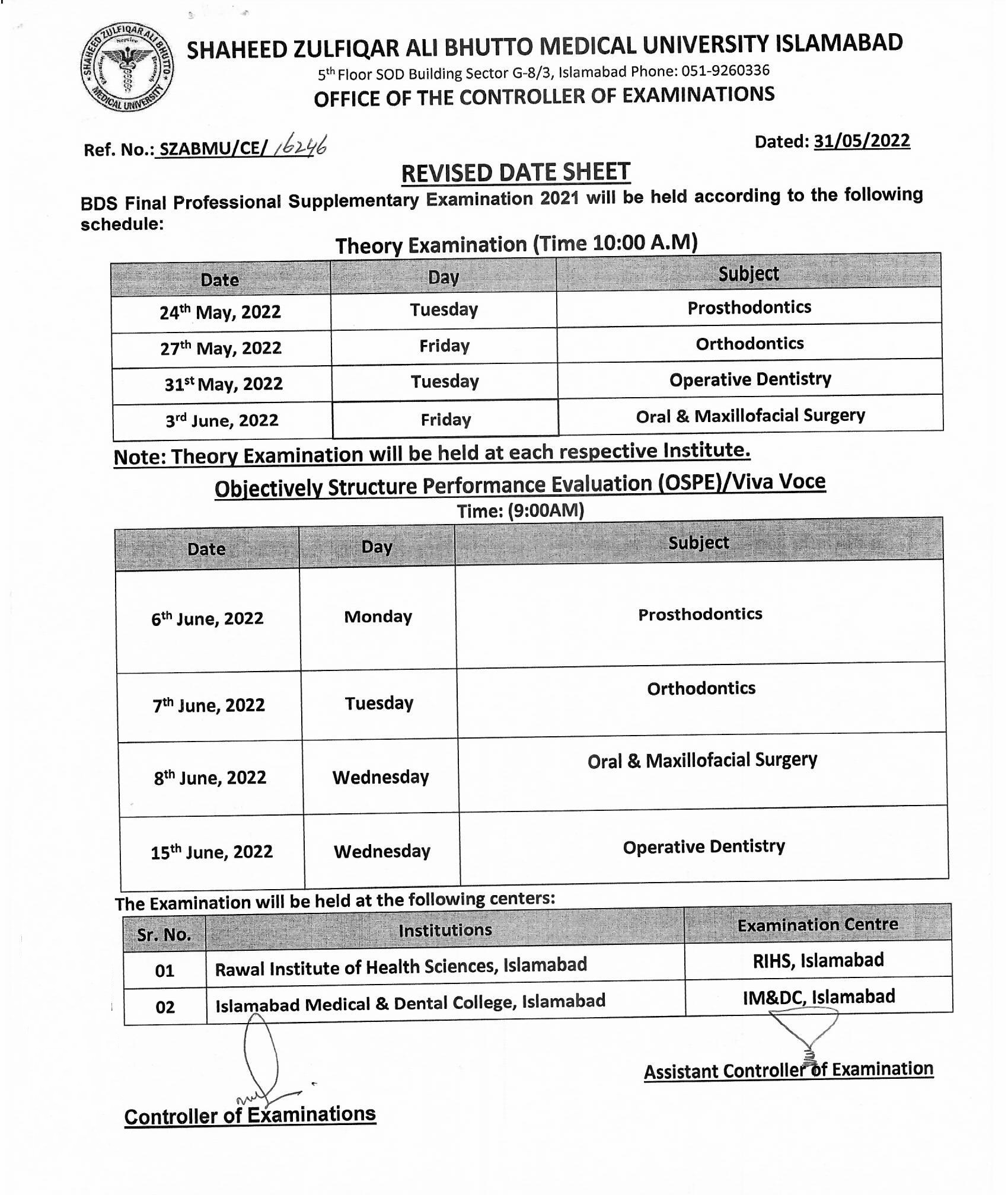 Revised Date Sheet BDS Final Professional Supplementary Examination