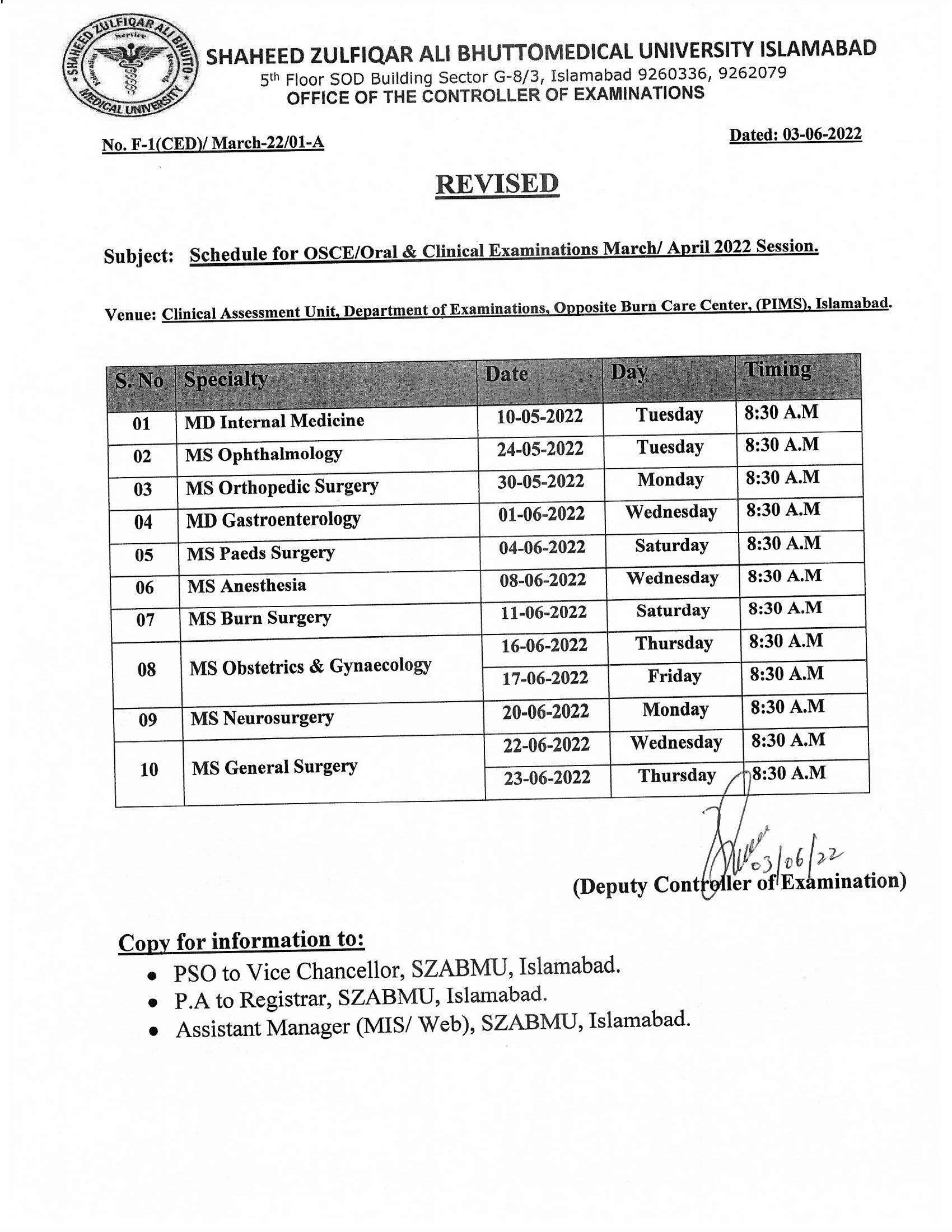 Revised - Schedule for OSCE/Oral & Clinical Examinations March/April 2022