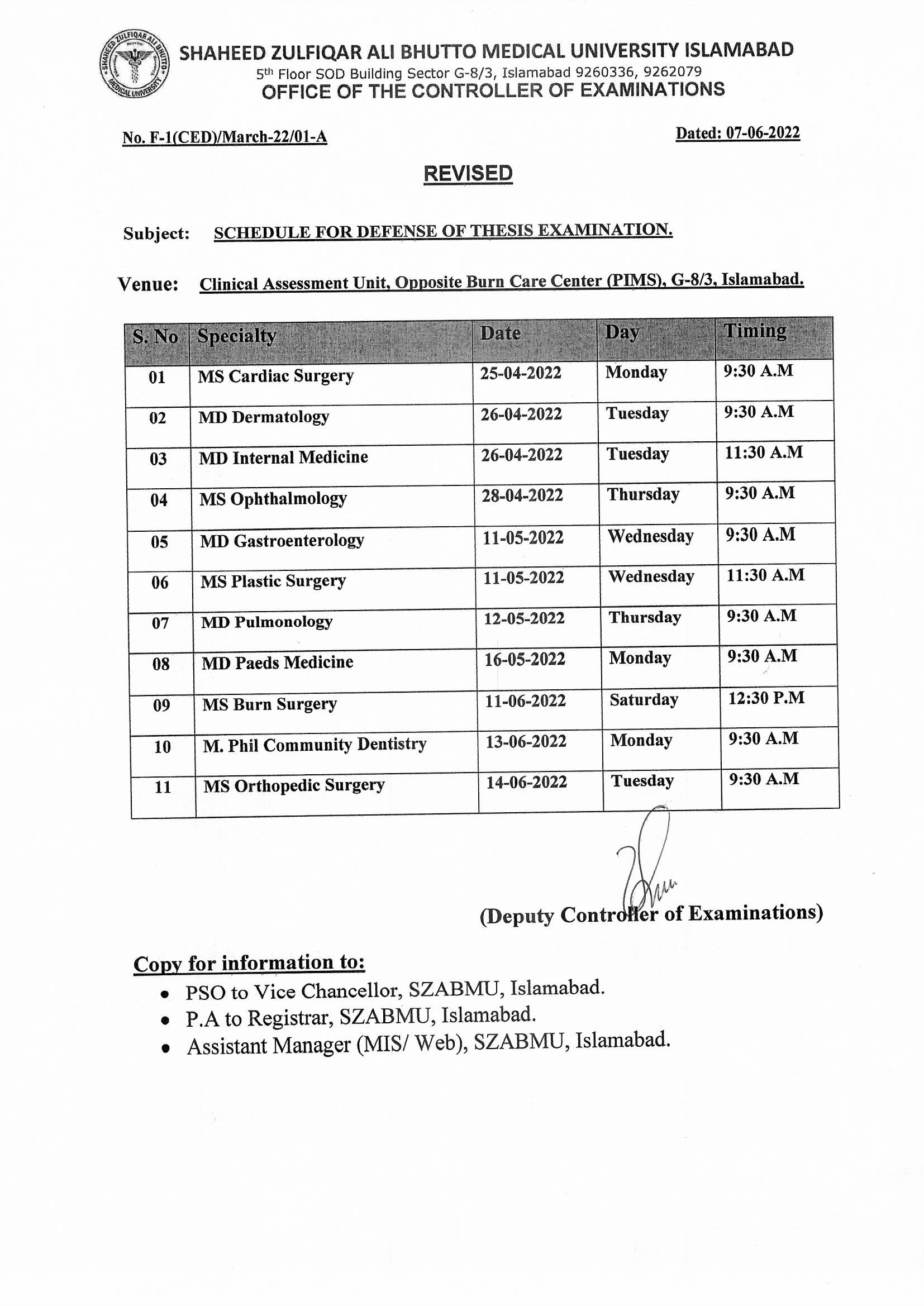 Revised Schedule for Defense of Thesis Examination