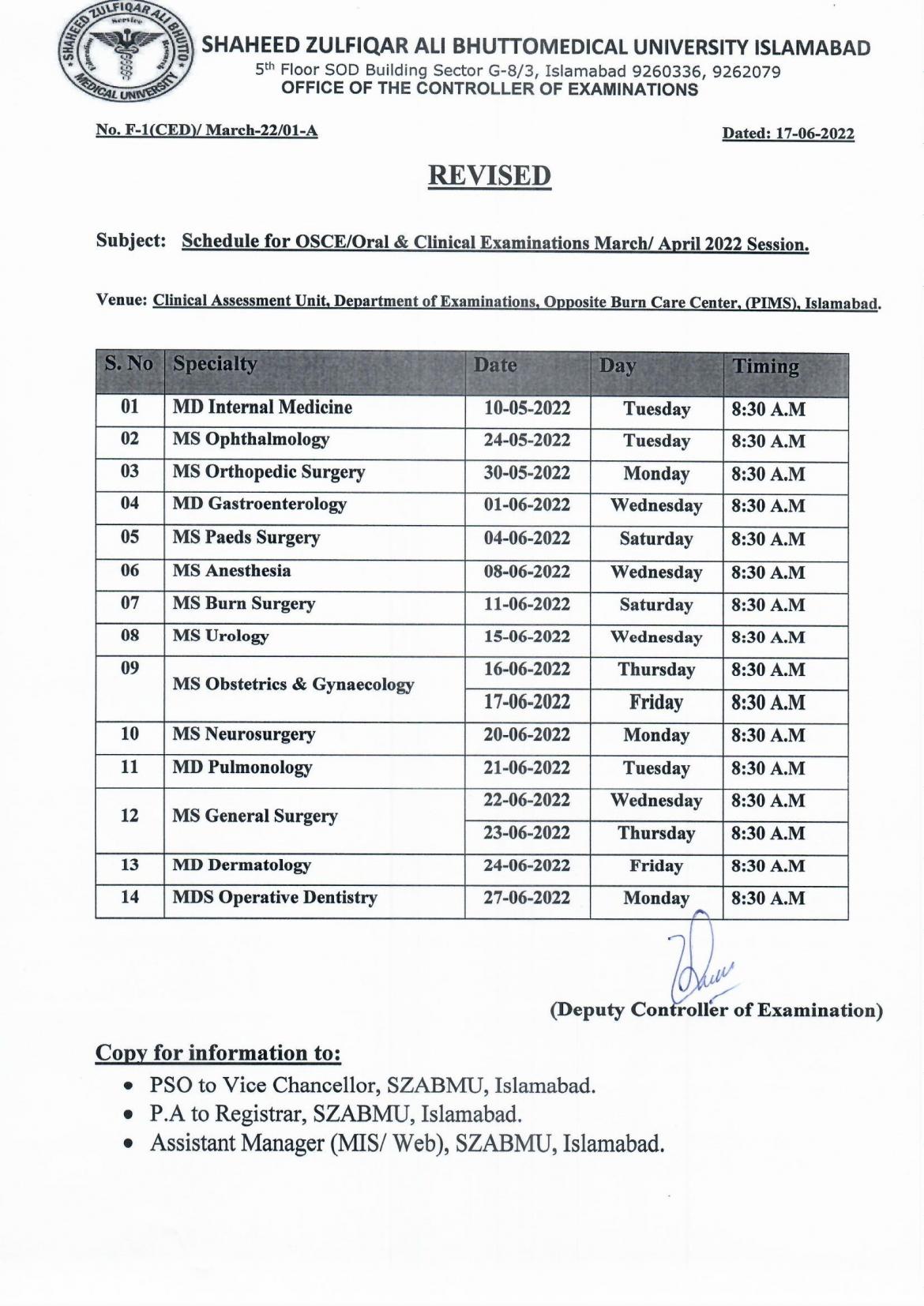 Revised - Schedule for OSCE/Oral & Clinical Examinations March/April 2022