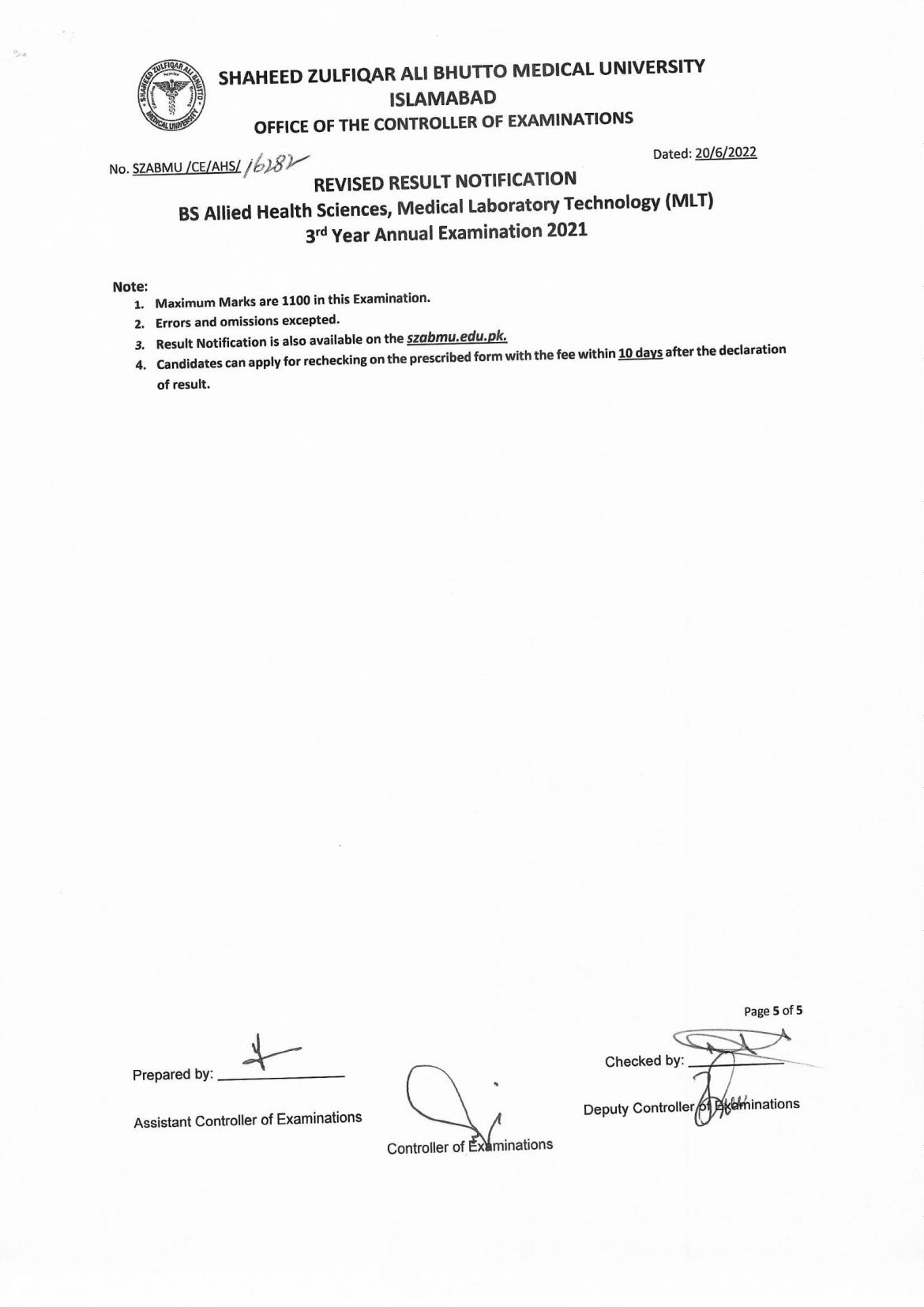 Revised Result Notification BS Allied Health Sciences, MLT 3rd Year