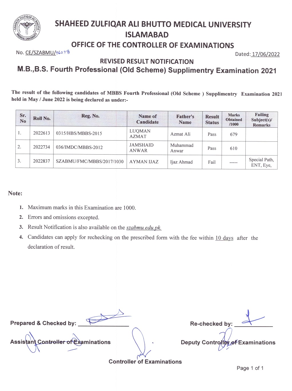 Revised Result Notification - MBBS 4th Professional ( Old Scheme ) Supplementary l Examination 2021