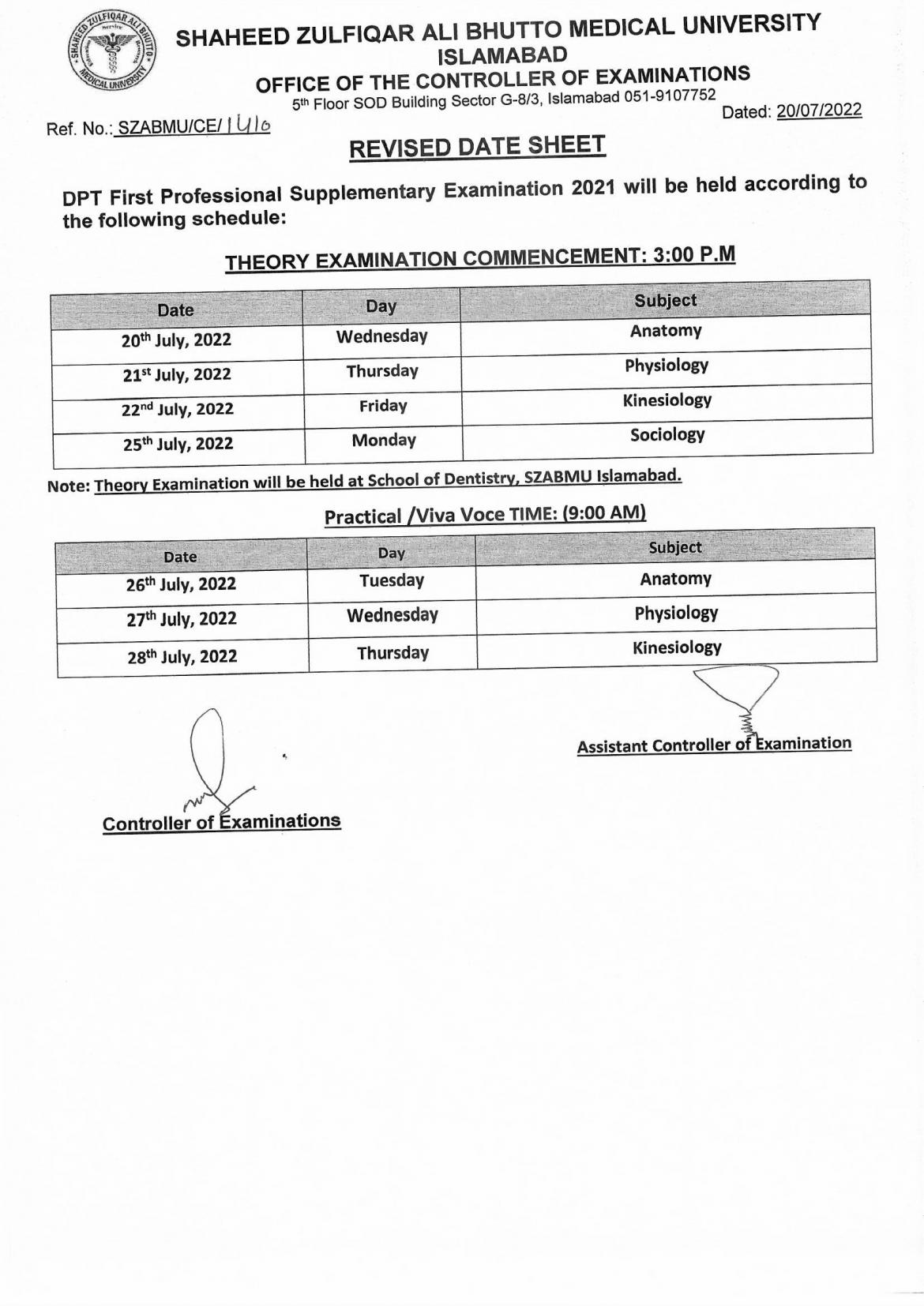 Revised Date Sheet - DPT 1st Professional Supplementary Examinations 2021