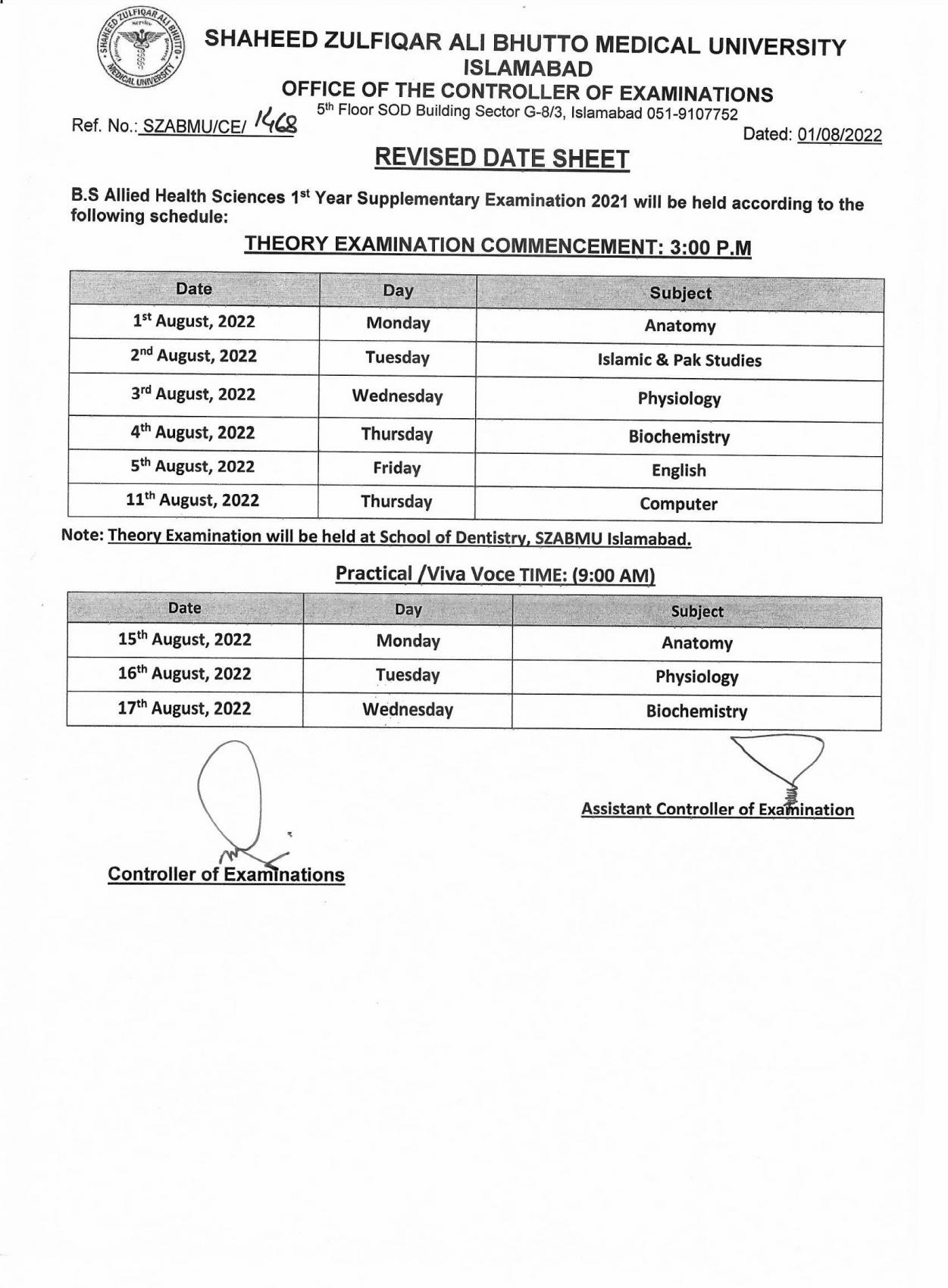 Revised Date Sheet BS AHS 1st Year Supplementary Examination 2021