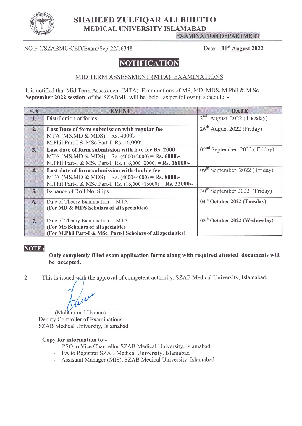 Notification -  MID Term Assessment (MTA) Examinations of MS, MD, MDS, M.phil & MSc September 2022 session