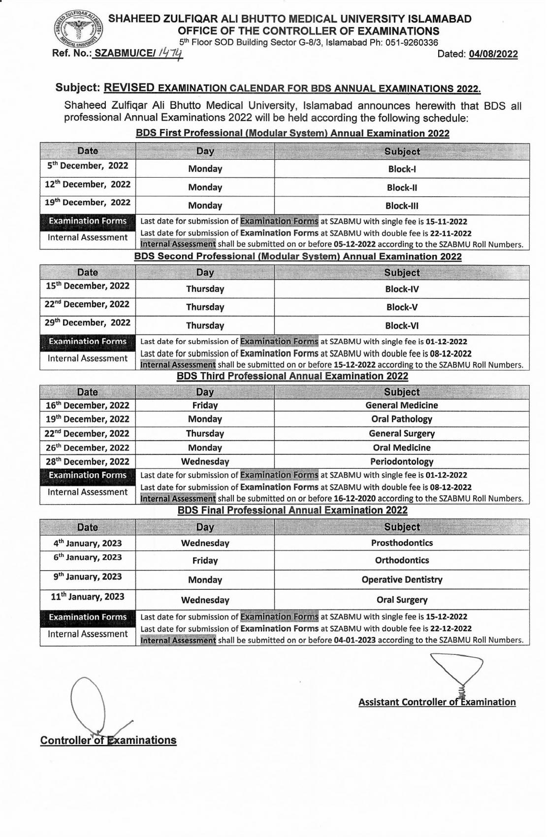 Revised Examination Calendar for BDS Annual Examinations 2022 Shaheed