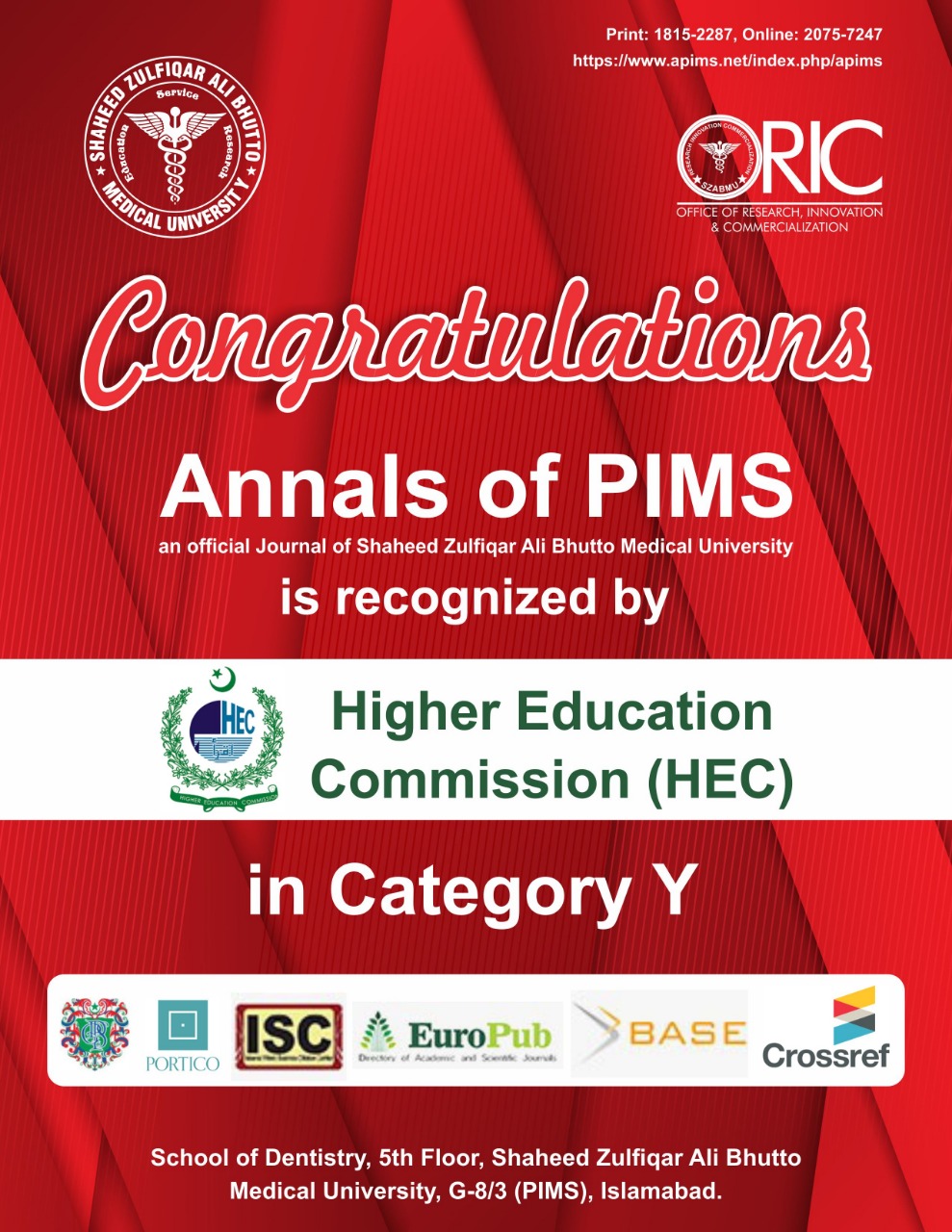 Annals of PIMS an official Journal of SZABMU is recognized by HEC in Category Y