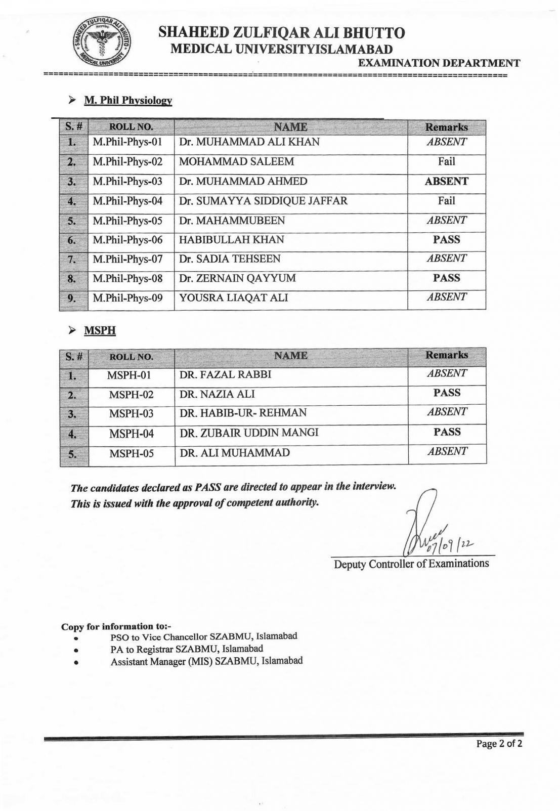 Result Notification Entry Test for Admission in Basic Medical Sciences Fall 2022 Shaheed